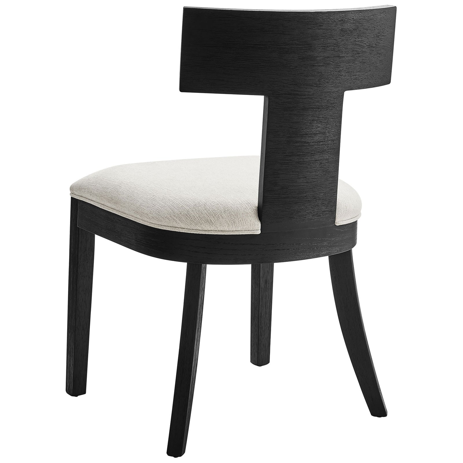Contoured T backrest in rich black wood adds sculptural detail to this upholstered dining chair || EEI-6923-BLK-HEI || back_angle_studio