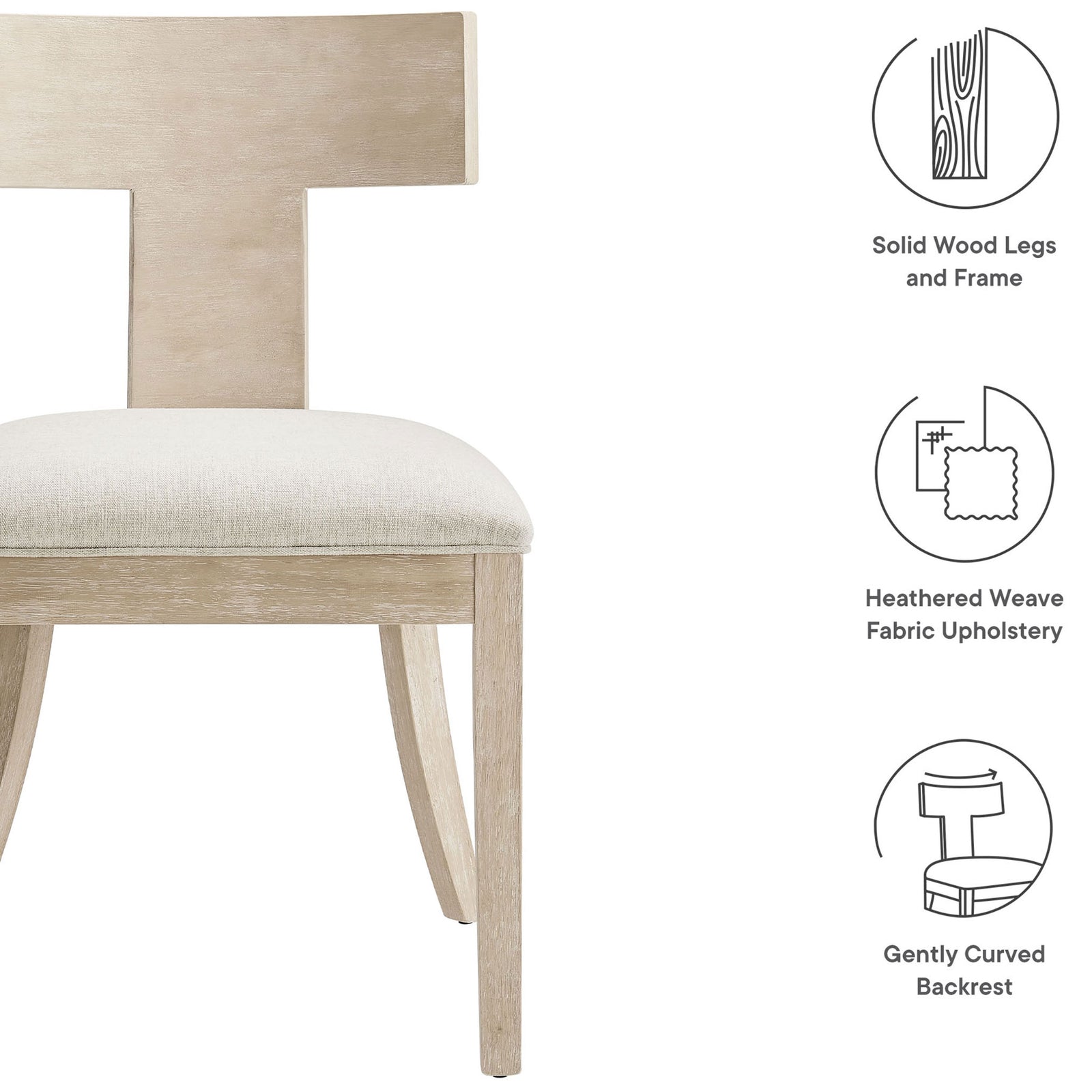 Feature graphic highlighting Peregrine dining chair solid wood frame, heathered fabric, and curved backrest || EEI-6923-NAT-HEI || callout_studio