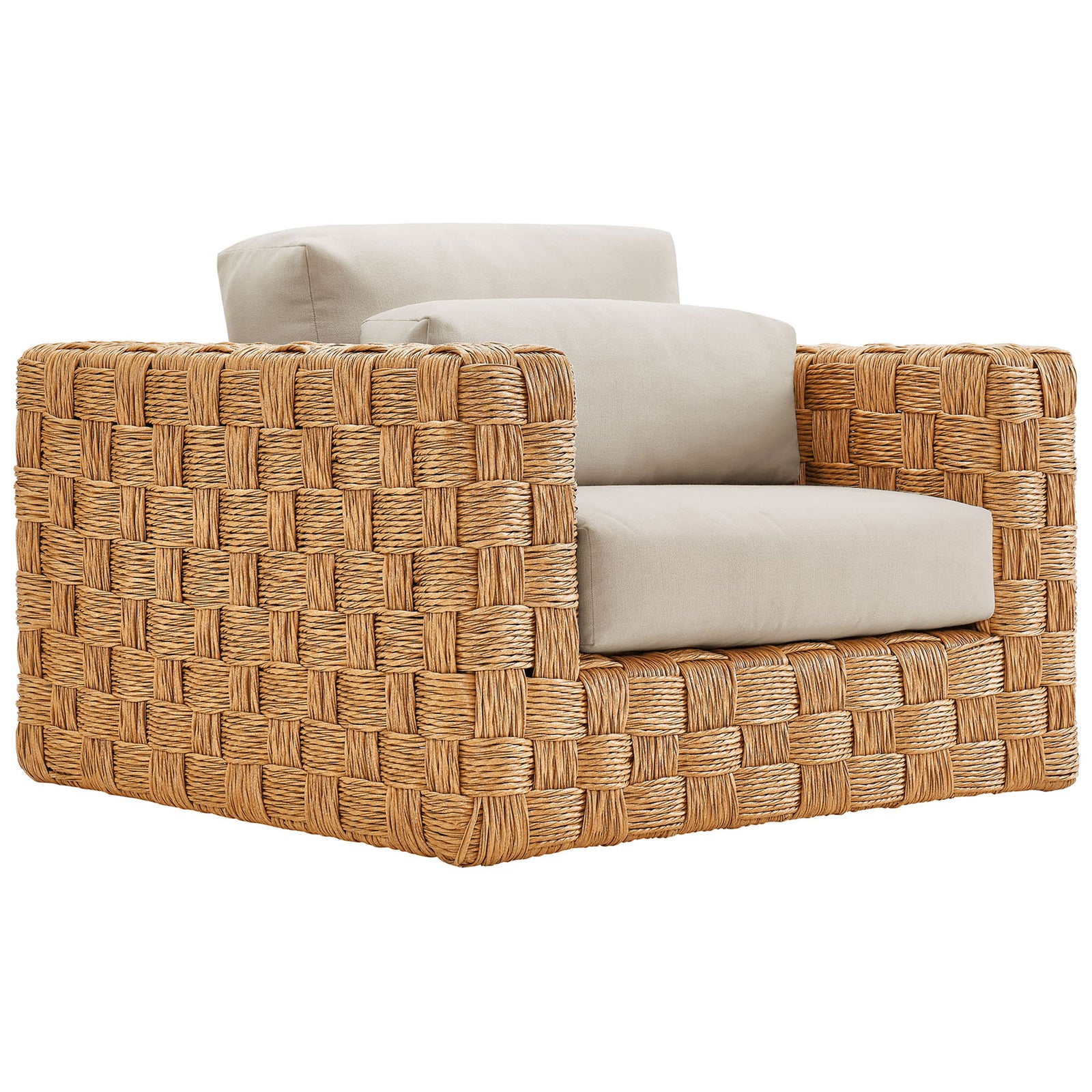 Basket-weave natural rattan armchair with layered light gray cushions and lumbar pillow || EEI-6925-NAT-LGR || front_angle_studio