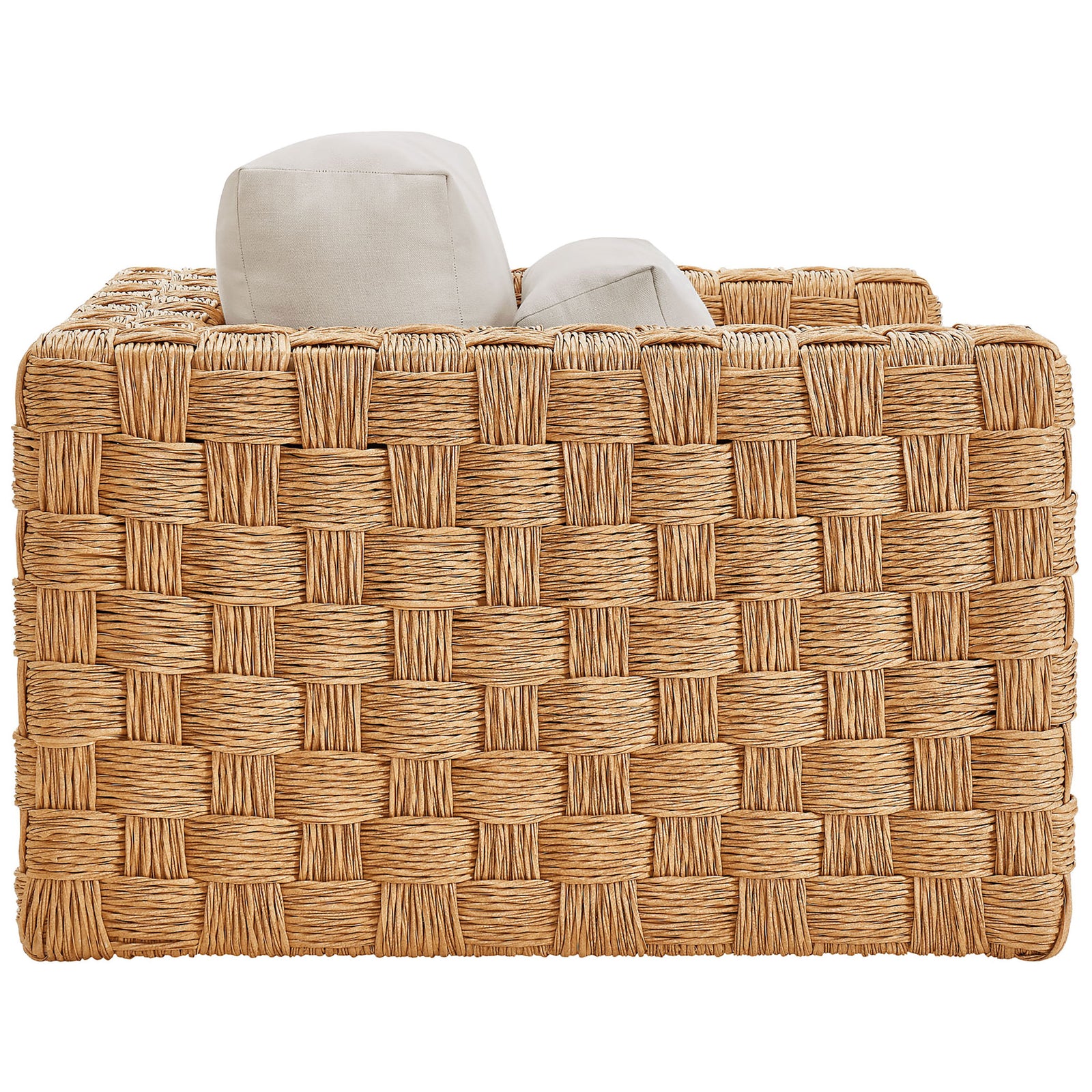 Thames natural rattan armchair showing the wide basket-weave frame and soft light gray cushions || EEI-6925-NAT-LGR || side_studio