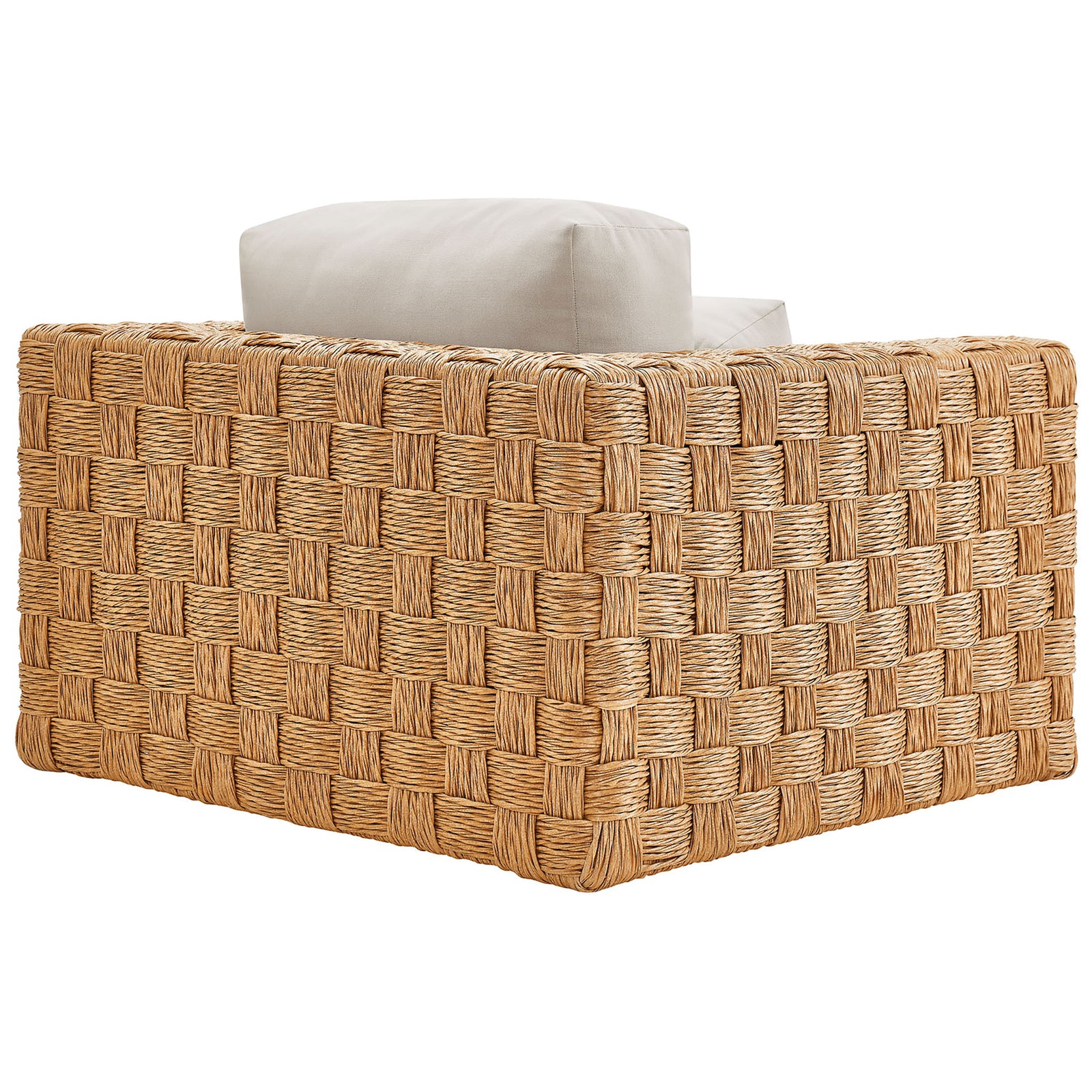 Thames outdoor armchair crafted with thick natural rattan basket-weave for sculptural modern texture || EEI-6925-NAT-LGR || back_angle_studio