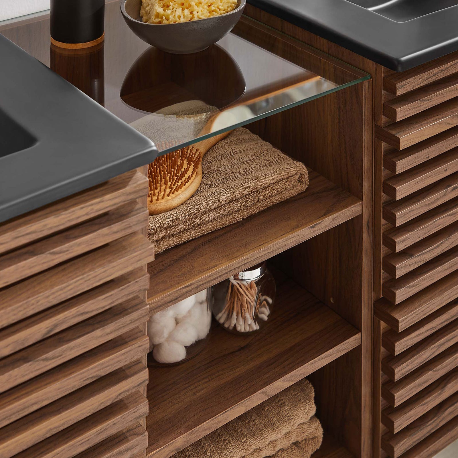 Glass-topped center shelf keeps towels and daily essentials within easy reach || EEI-6941-WAL-BLK || detail_room