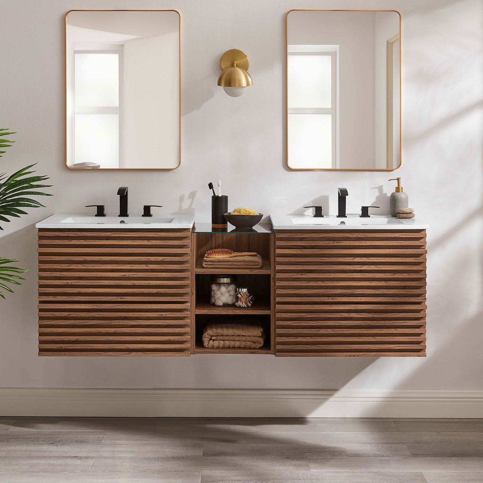 Floating double vanity brings warm walnut tones and airy open shelving to a modern bath || EEI-6941-WAL-WHI || front_room