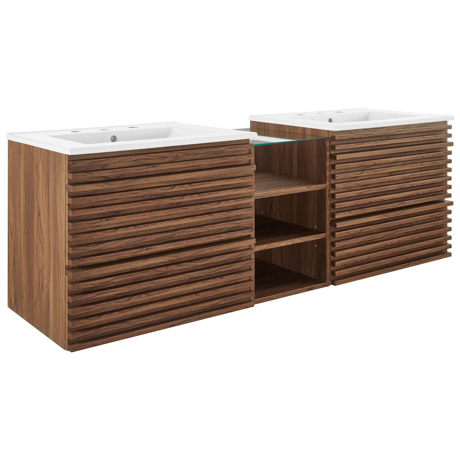 Mid-century walnut vanity showcases ribbed drawers and dual sinks with an elevated glass shelf for open storage || EEI-6941-WAL-WHI || front_angle_studio
