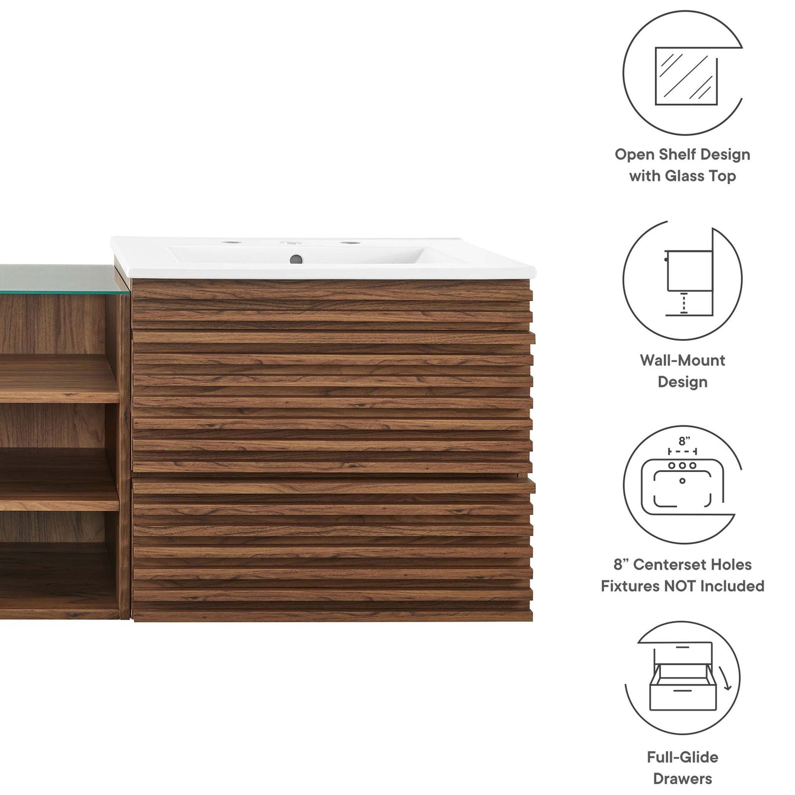 Key features highlighted for the Render double vanity, including wall-mount design and full-glide drawers || EEI-6941-WAL-WHI || callout_studio