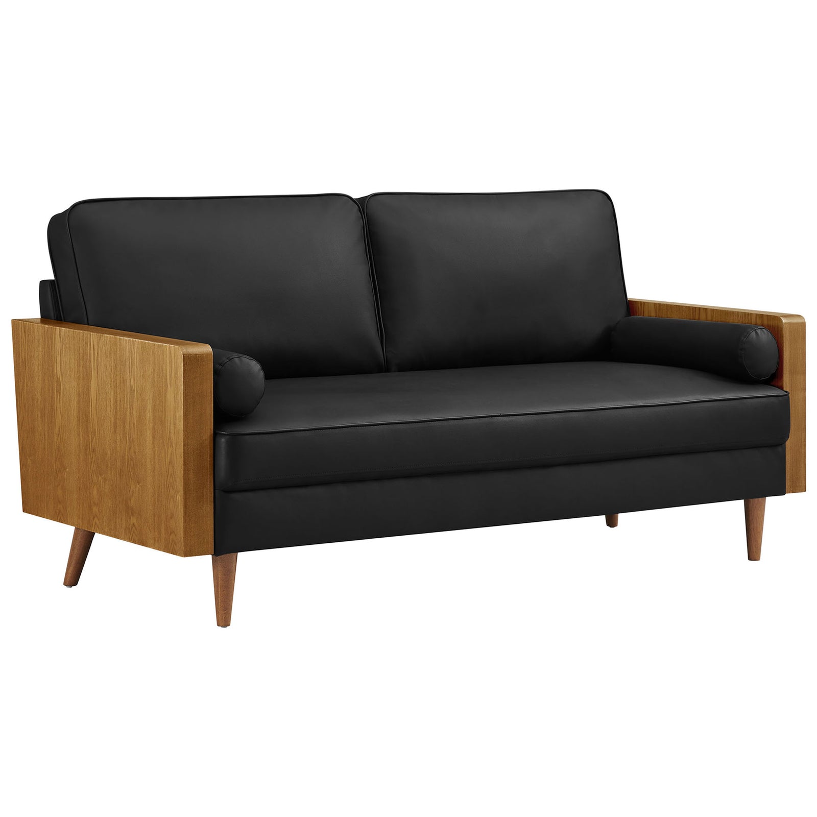 Black vegan leather sofa with walnut veneer arms and tapered wood legs for sleek mid-century seating || EEI-6942-WAL-BLK || front_angle_studio