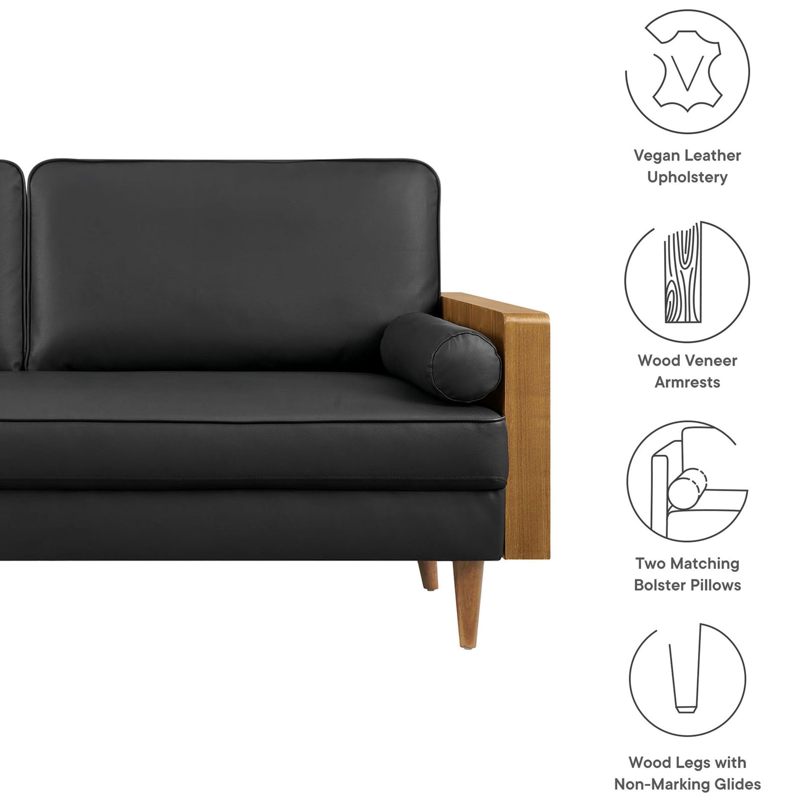 Icons highlight vegan leather upholstery, wood veneer arms, bolster pillows, and tapered legs on this sofa || EEI-6942-WAL-BLK || callout_studio