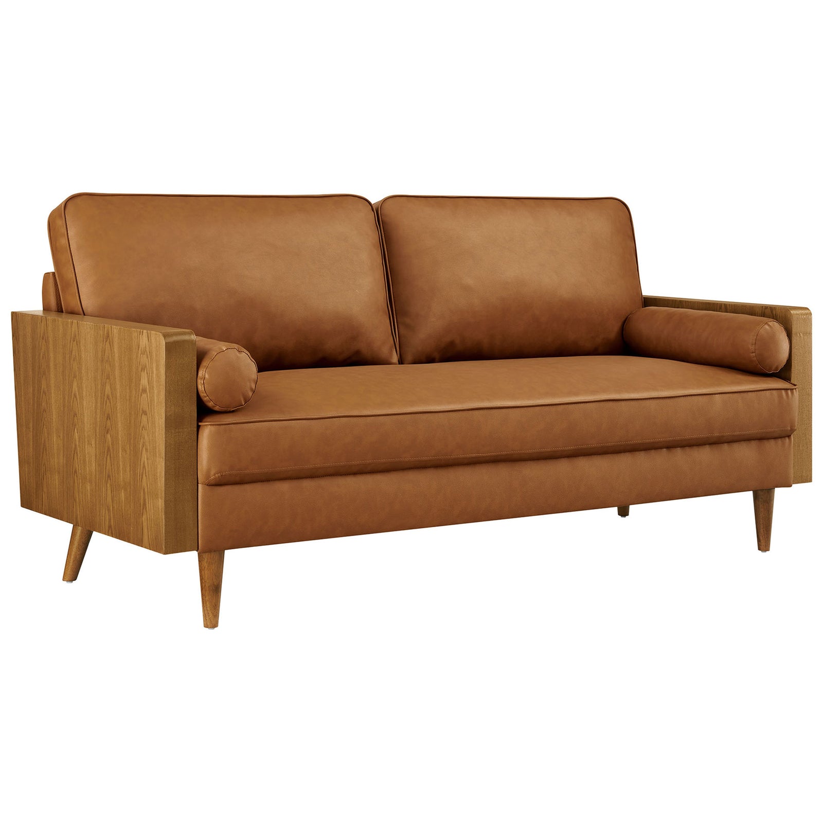 Kellan mid-century vegan leather sofa with walnut tan upholstery, wood grain panels, and slim tapered legs || EEI-6942-WAL-TAN || front_angle_studio