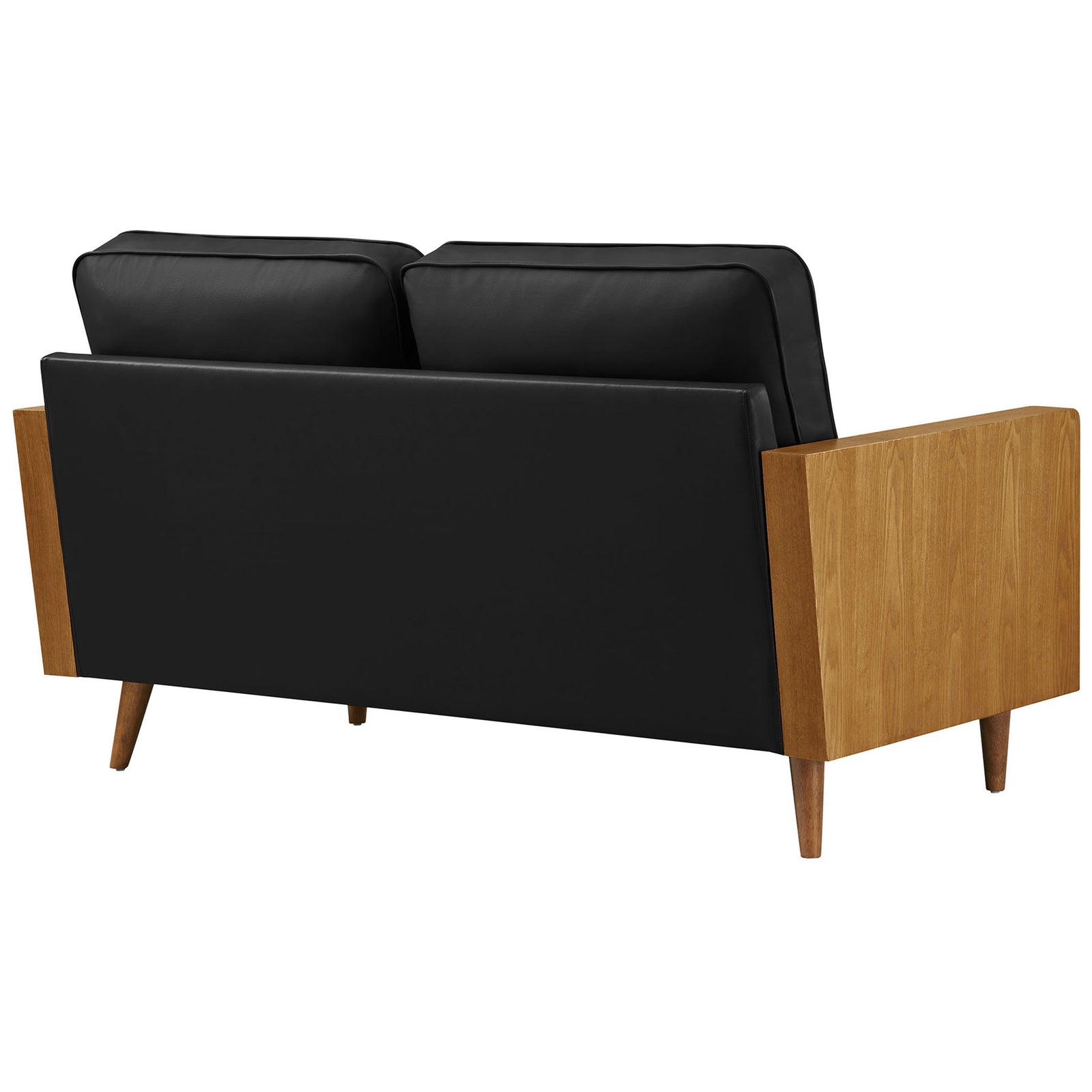 Streamlined black backrest wrapped in vegan leather with exposed walnut arms and tapered mid-century legs || EEI-6943-WAL-BLK || back_studio