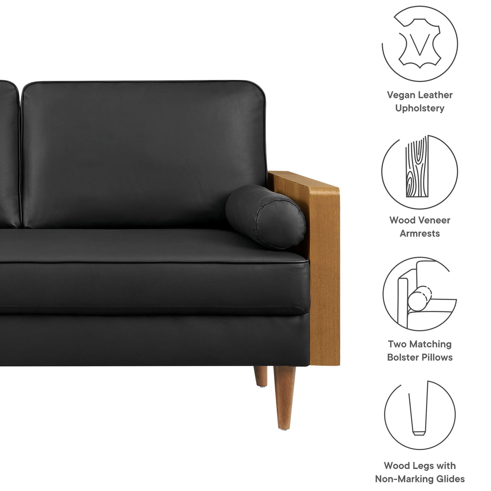 Feature graphic highlighting vegan leather upholstery, wood veneer arms, bolster pillows, and non-marking wood legs || EEI-6943-WAL-BLK || callout_studio