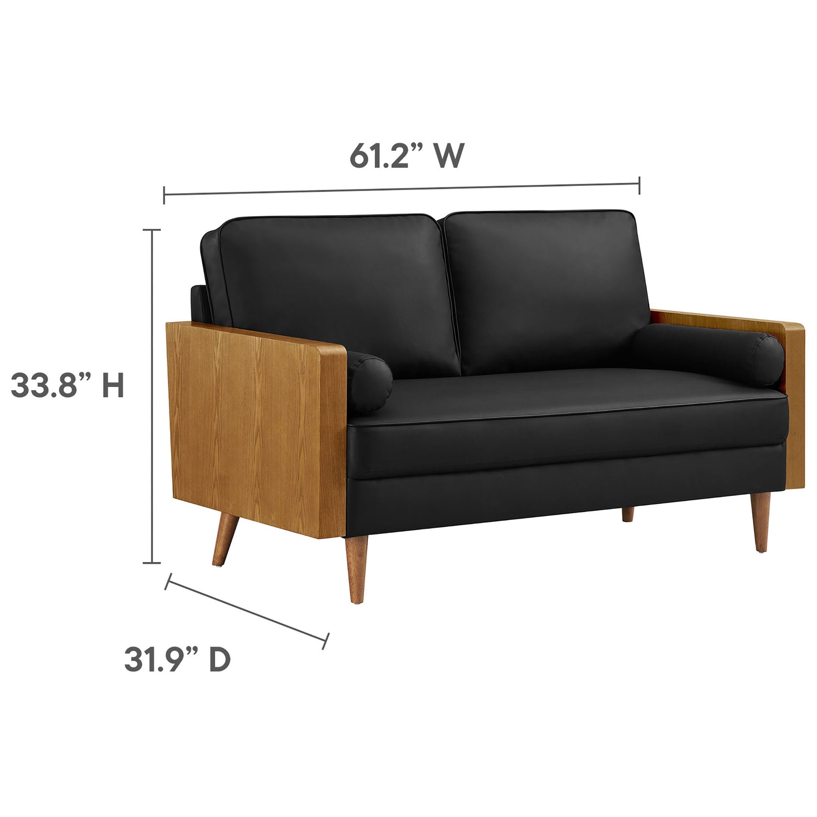 Dimension graphic showing overall width, depth, and height of the Kellan vegan leather loveseat || EEI-6943-WAL-BLK || dimension_studio