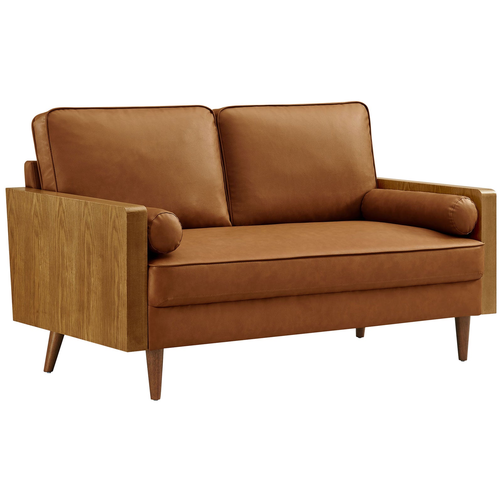 Mid-century loveseat in walnut tan vegan leather with bolster pillows and tapered legs || EEI-6943-WAL-TAN || front_angle_studio
