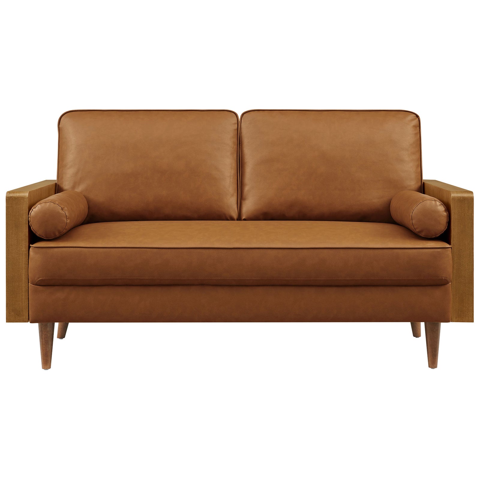 Walnut tan vegan leather loveseat with plush cushions and warm wood veneer arms || EEI-6943-WAL-TAN || front_studio