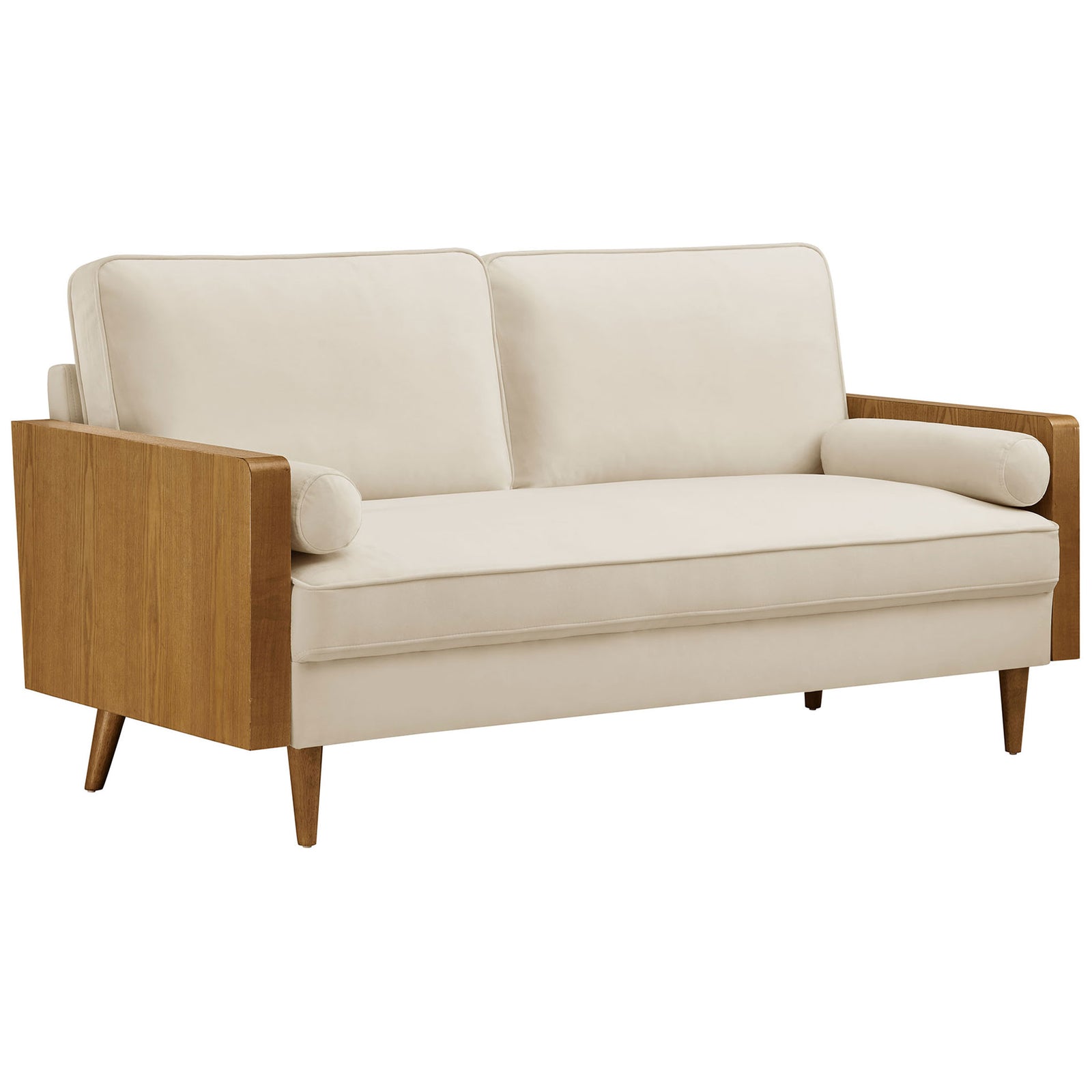 Cream velvet sofa with deep seat, walnut veneer arms, and cylindrical bolster cushions || EEI-6944-WAL-ALA || front_angle_studio