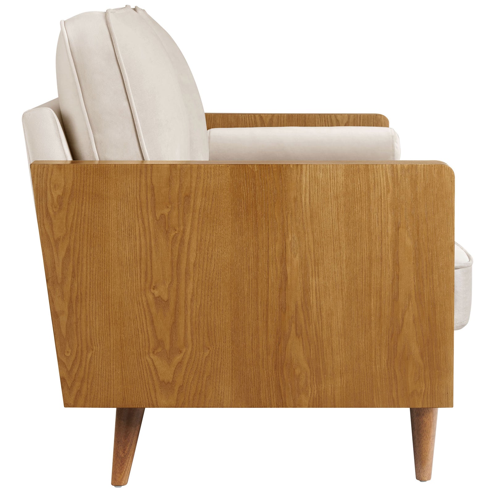Sleek Kellan sofa with smooth wood veneer panel and tapered legs showcasing its slim mid-century silhouette || EEI-6944-WAL-ALM || side_studio