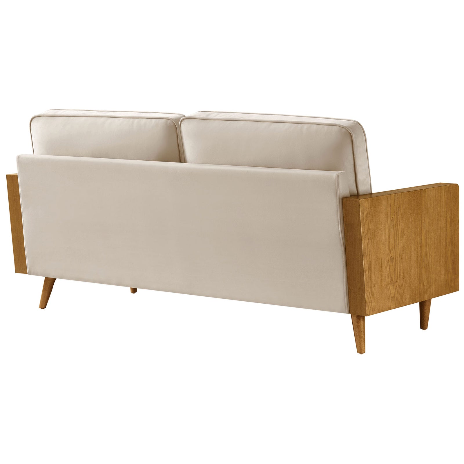 Performance velvet sofa with wraparound back cushions and warm walnut-finished frame for a polished, tailored look || EEI-6944-WAL-ALM || back_angle_studio