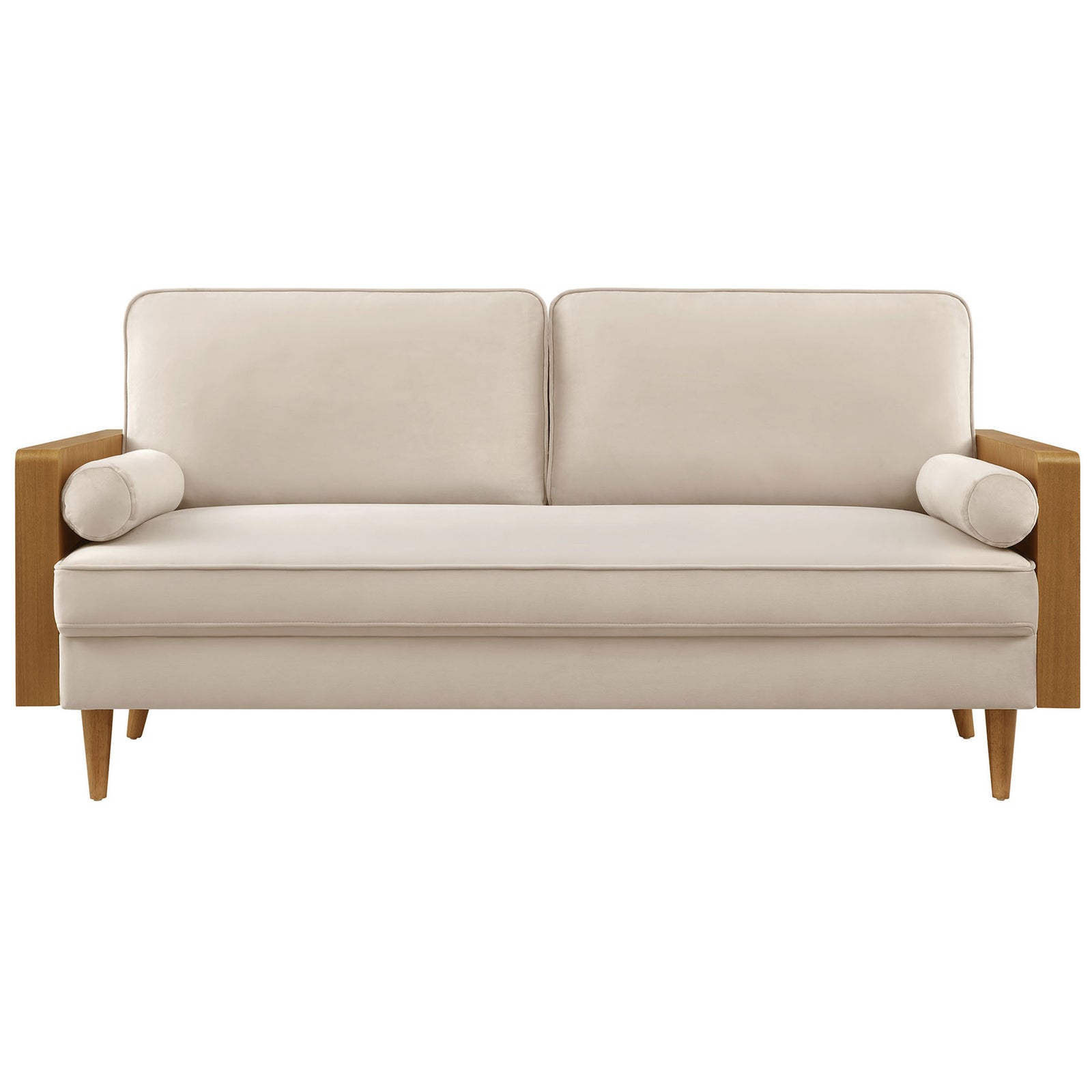 Kellan performance velvet sofa with walnut veneer arms, bolster pillows, and tapered legs for a warm mid-century look || EEI-6944-WAL-ALM || front_studio