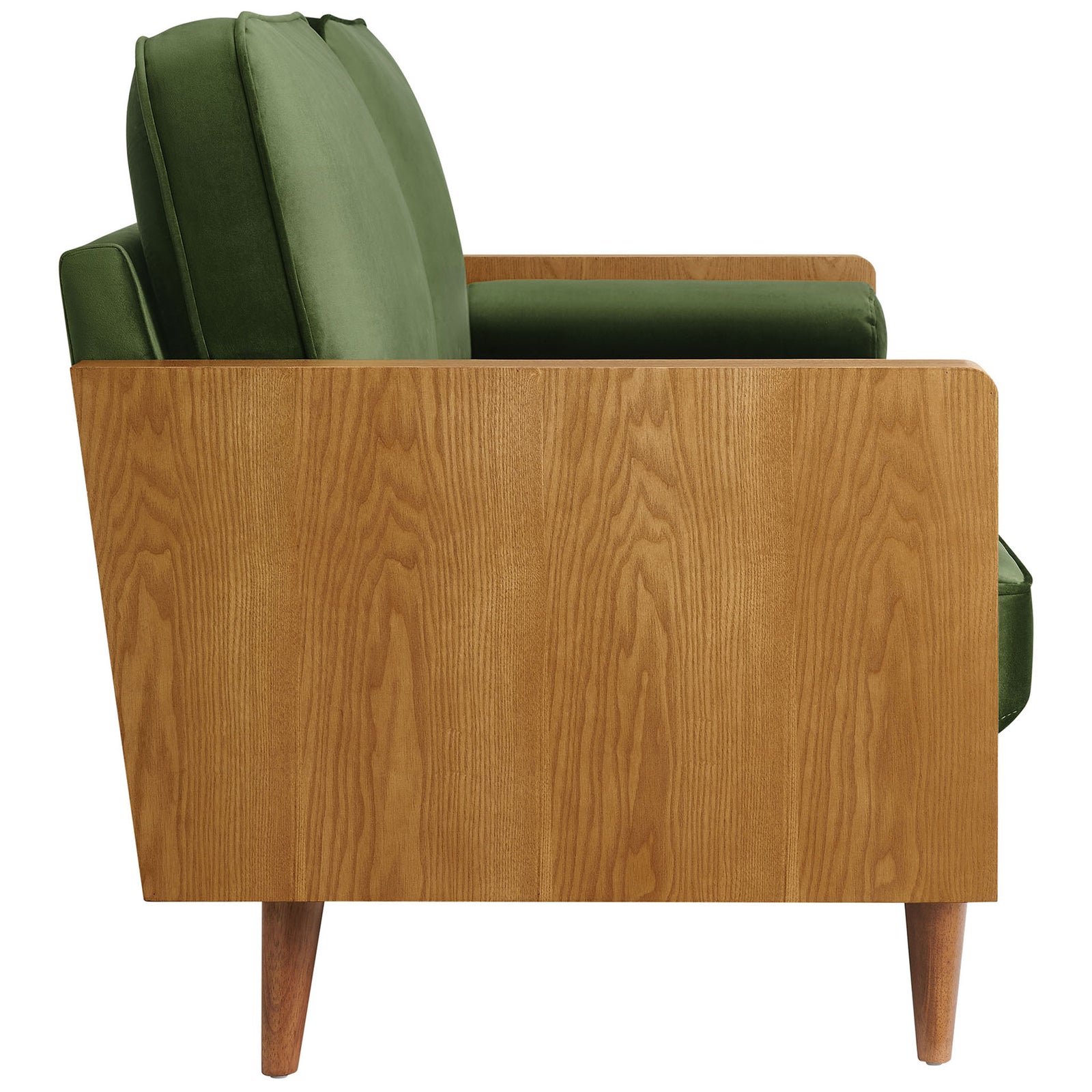 Walnut wood veneer arm and side panel highlighting the sofa's rich grain and clean lines || EEI-6944-WAL-MOG || side_studio