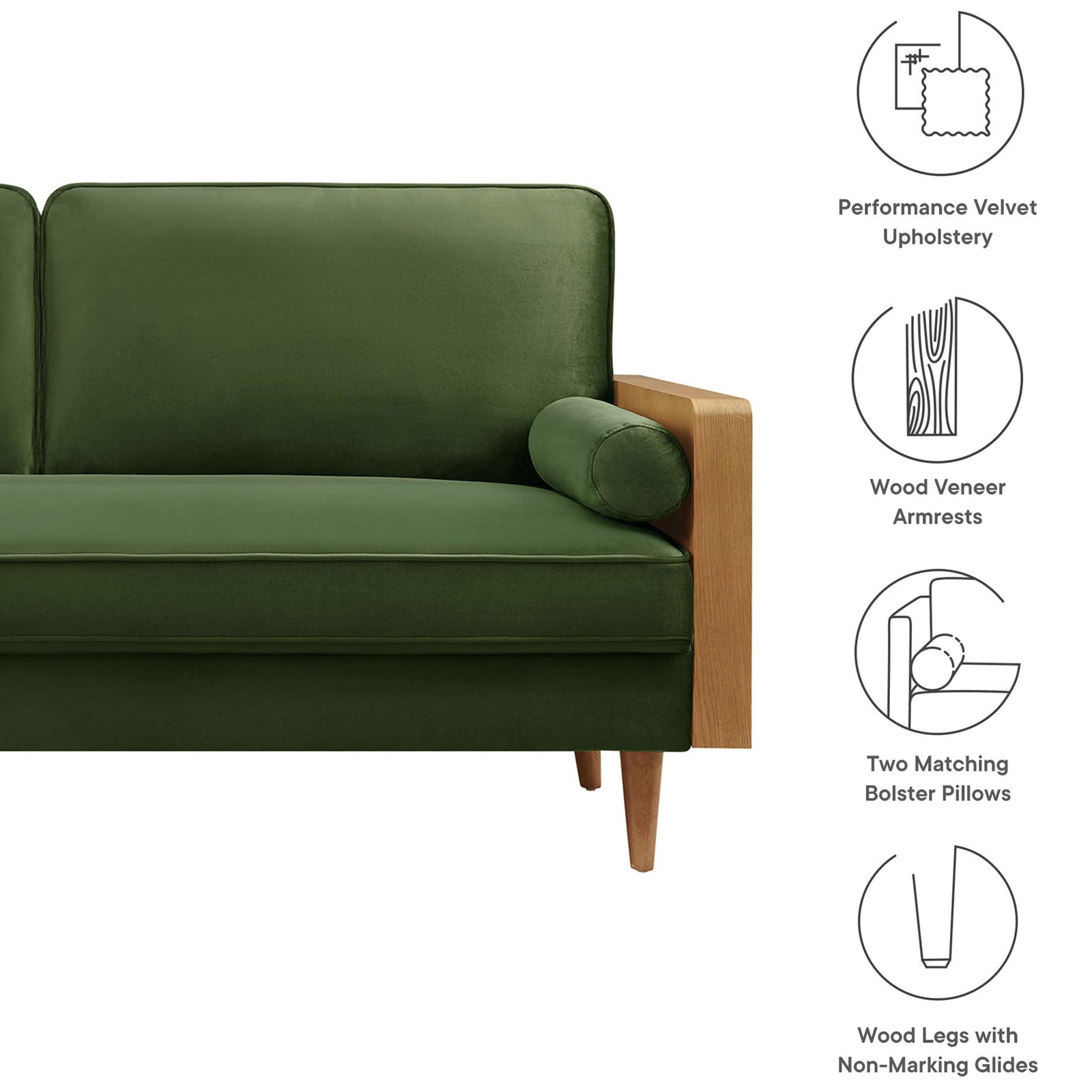 Green performance velvet sofa with wood veneer arms, bolster pillows, and wood legs with non-marking glides || EEI-6944-WAL-MOG || callout_studio