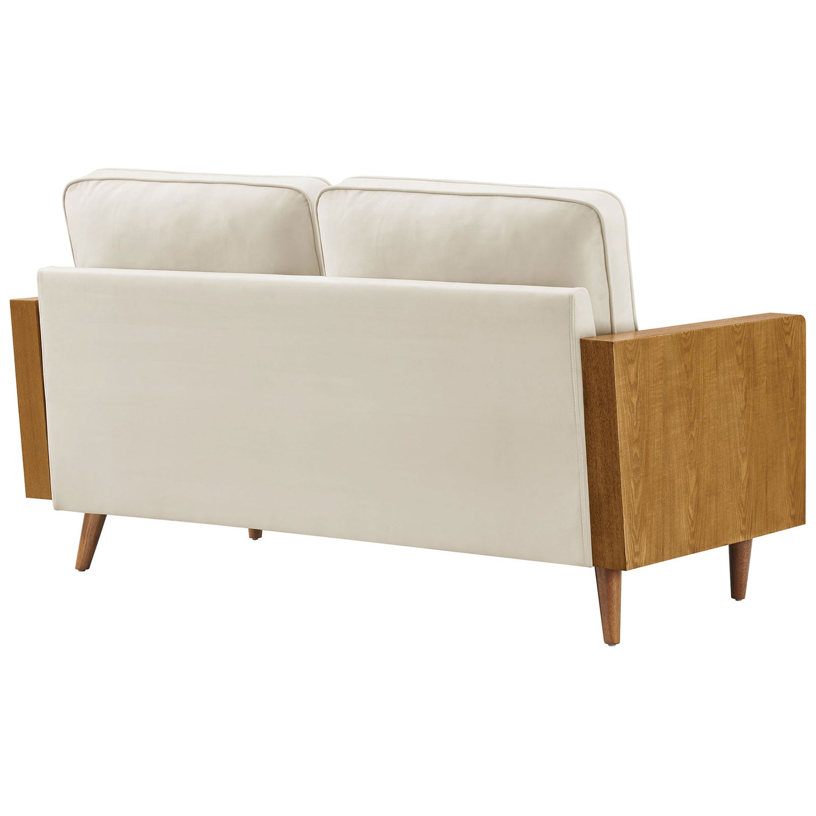 Back of the cream performance velvet loveseat with smooth upholstery and flared walnut side panels || EEI-6945-WAL-ALA || back_angle_studio