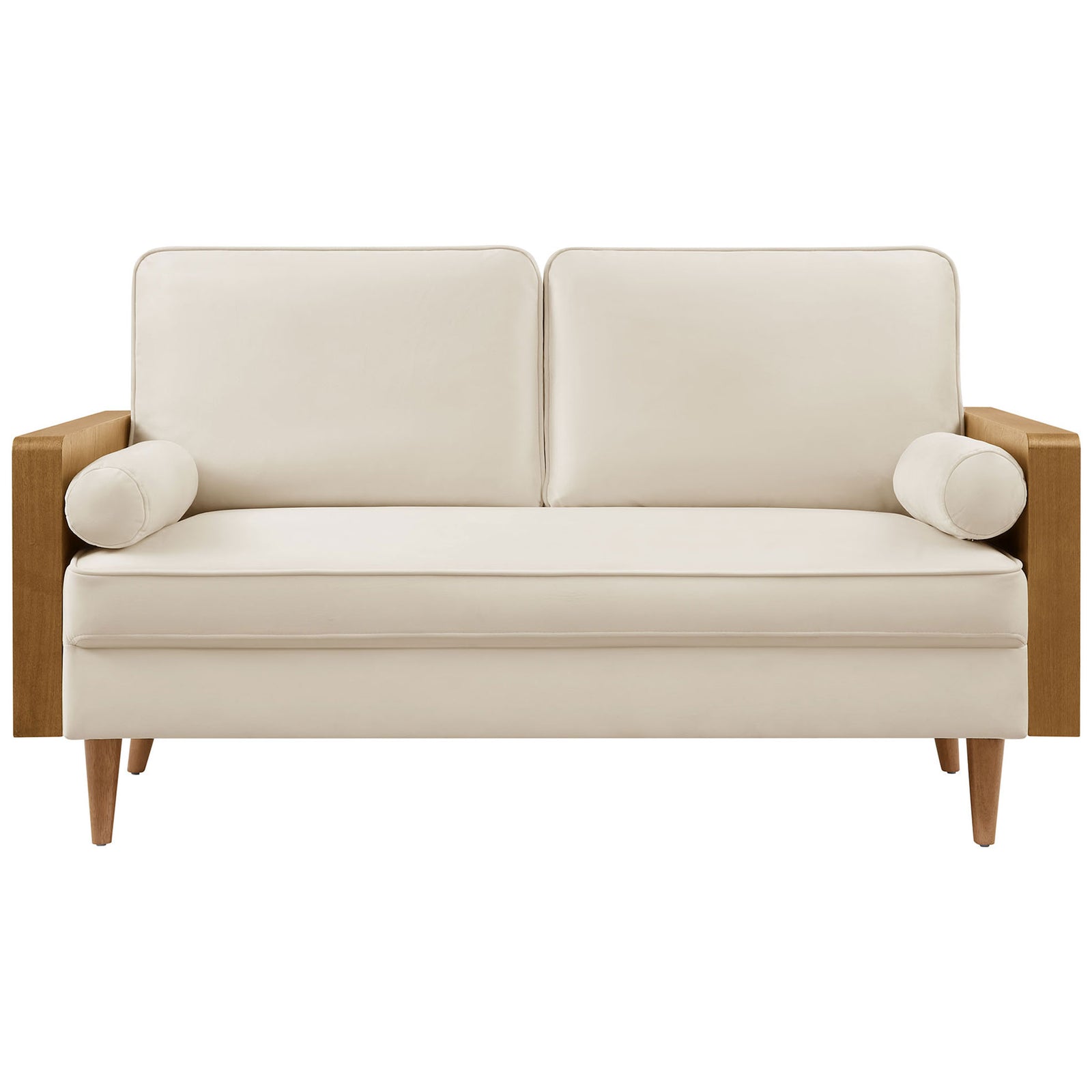 Compact mid-century loveseat in cream performance velvet with twin back cushions and matching bolster pillows || EEI-6945-WAL-ALA || front_studio