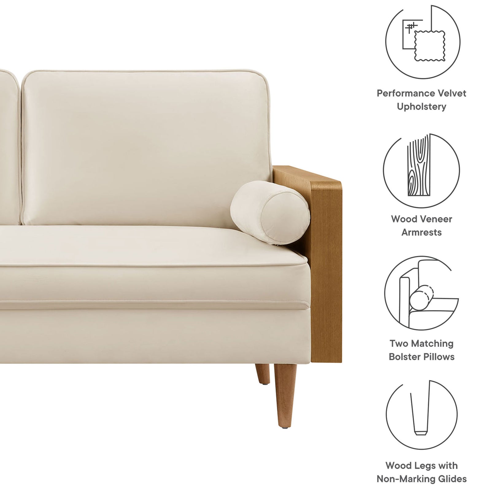 Callouts for performance velvet upholstery, wood veneer armrests, bolster pillows, and non-marking legs || EEI-6945-WAL-ALA || callout_studio