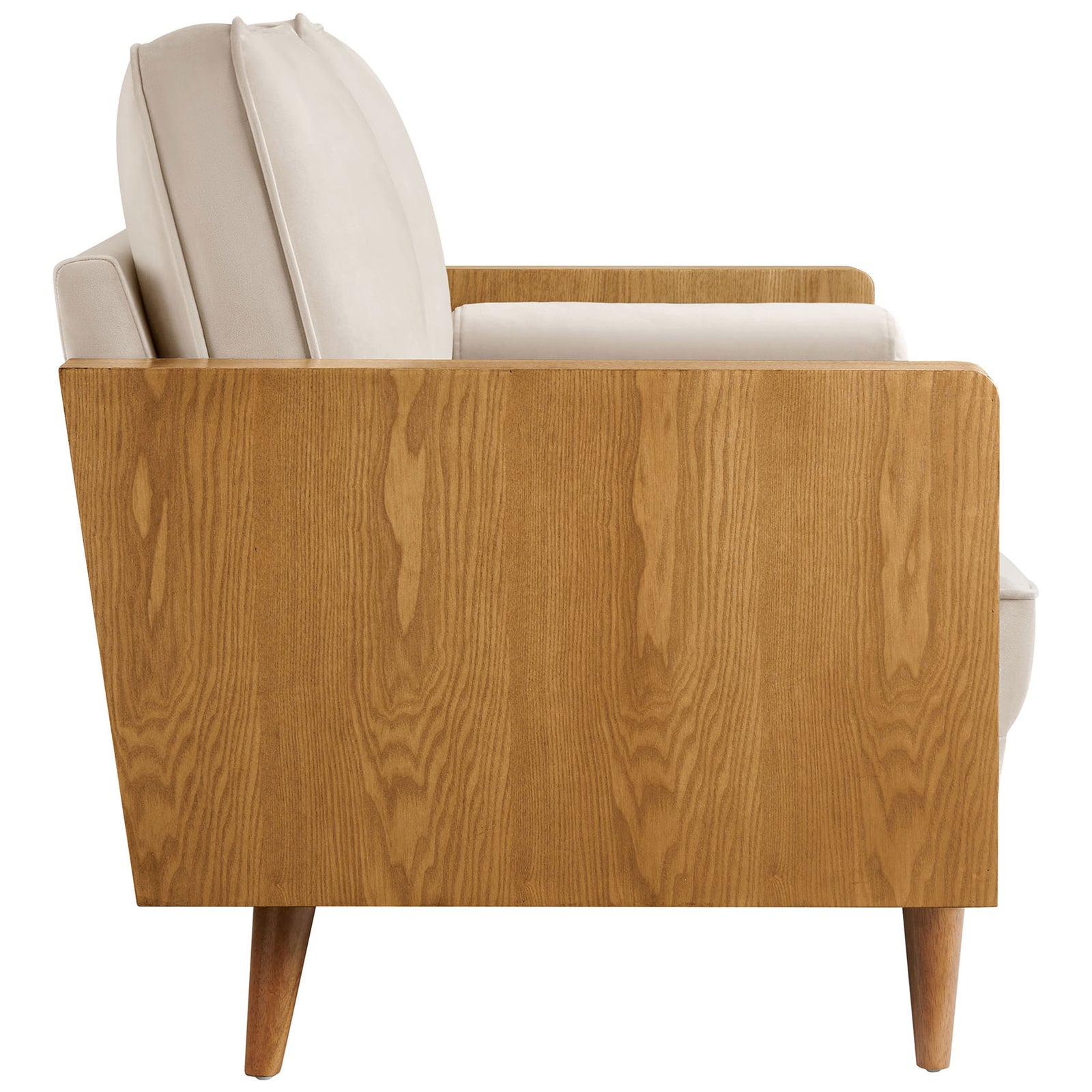 Wood-paneled loveseat arm showcasing rich grain and clean mid century profile || EEI-6945-WAL-ALM || side_studio