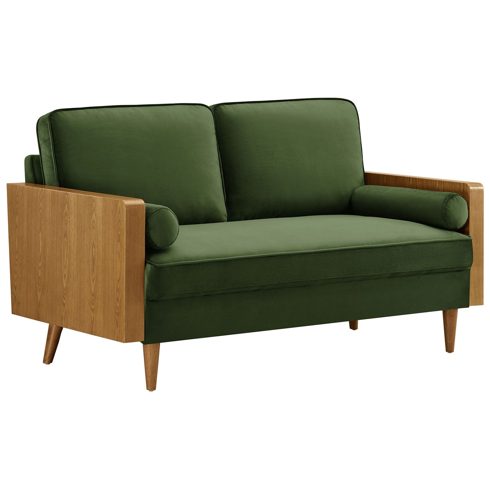 Moss green velvet loveseat with wood veneer arms and mid-century tapered legs || EEI-6945-WAL-MOG || front_angle_studio