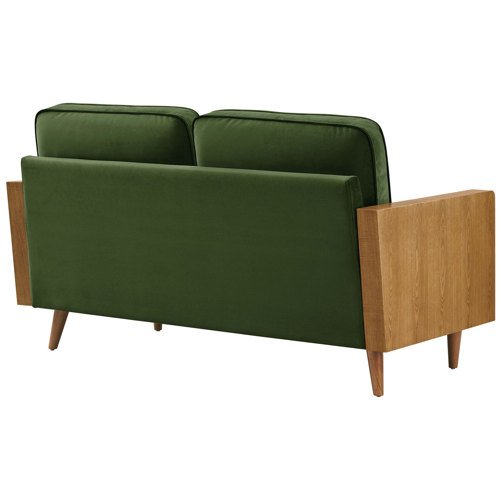 Moss green velvet loveseat with smooth upholstered back and coordinating wood sides || EEI-6945-WAL-MOG || back_studio