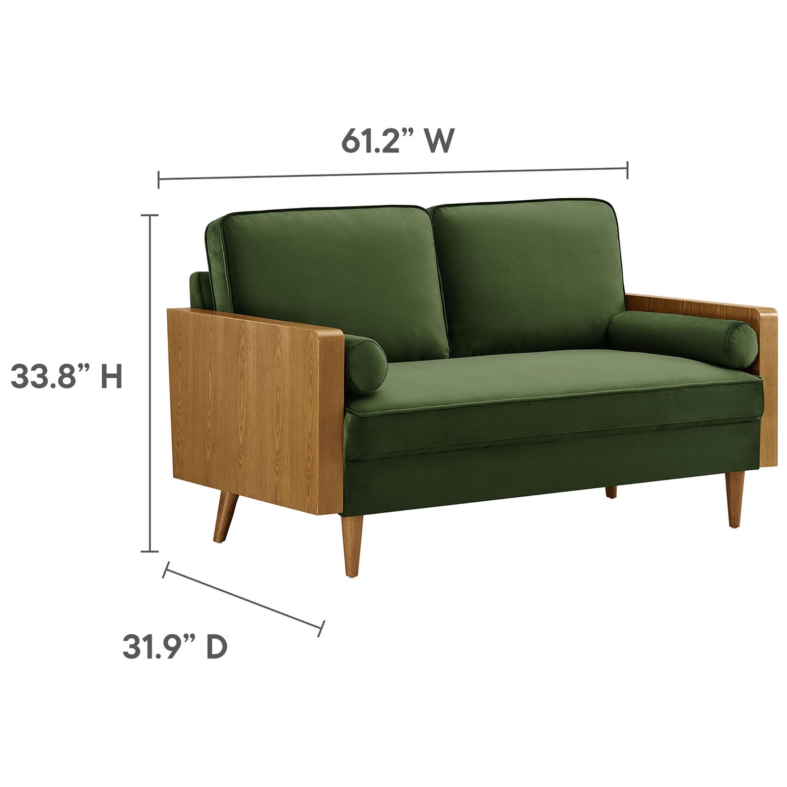 Moss green velvet loveseat with labeled width depth and height dimensions || EEI-6945-WAL-MOG || dimension_studio