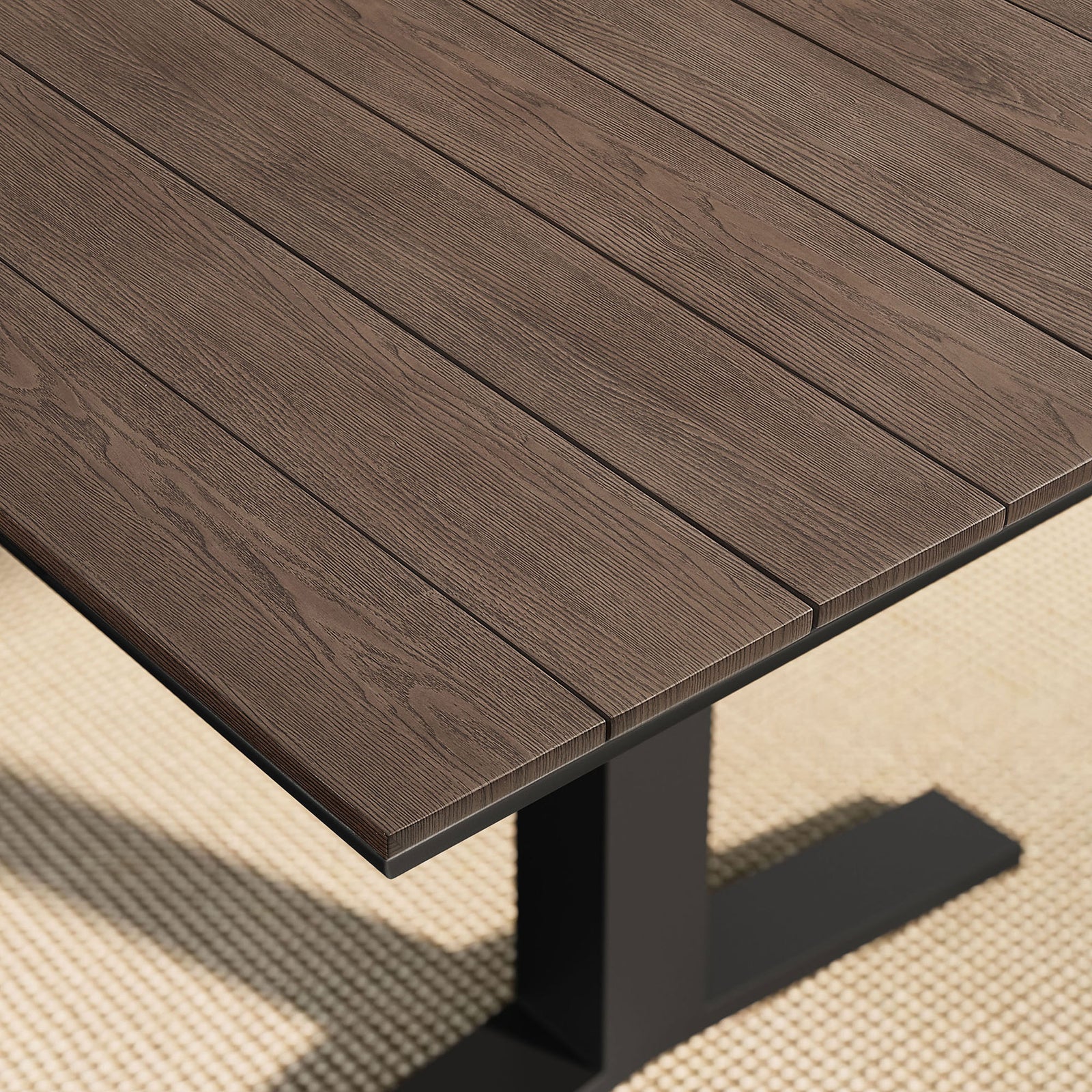 Gray wash tabletop pairs with a neutral outdoor rug to bring warm texture to contemporary outdoor spaces. || EEI-6948-GWA-GRY || swatch_room