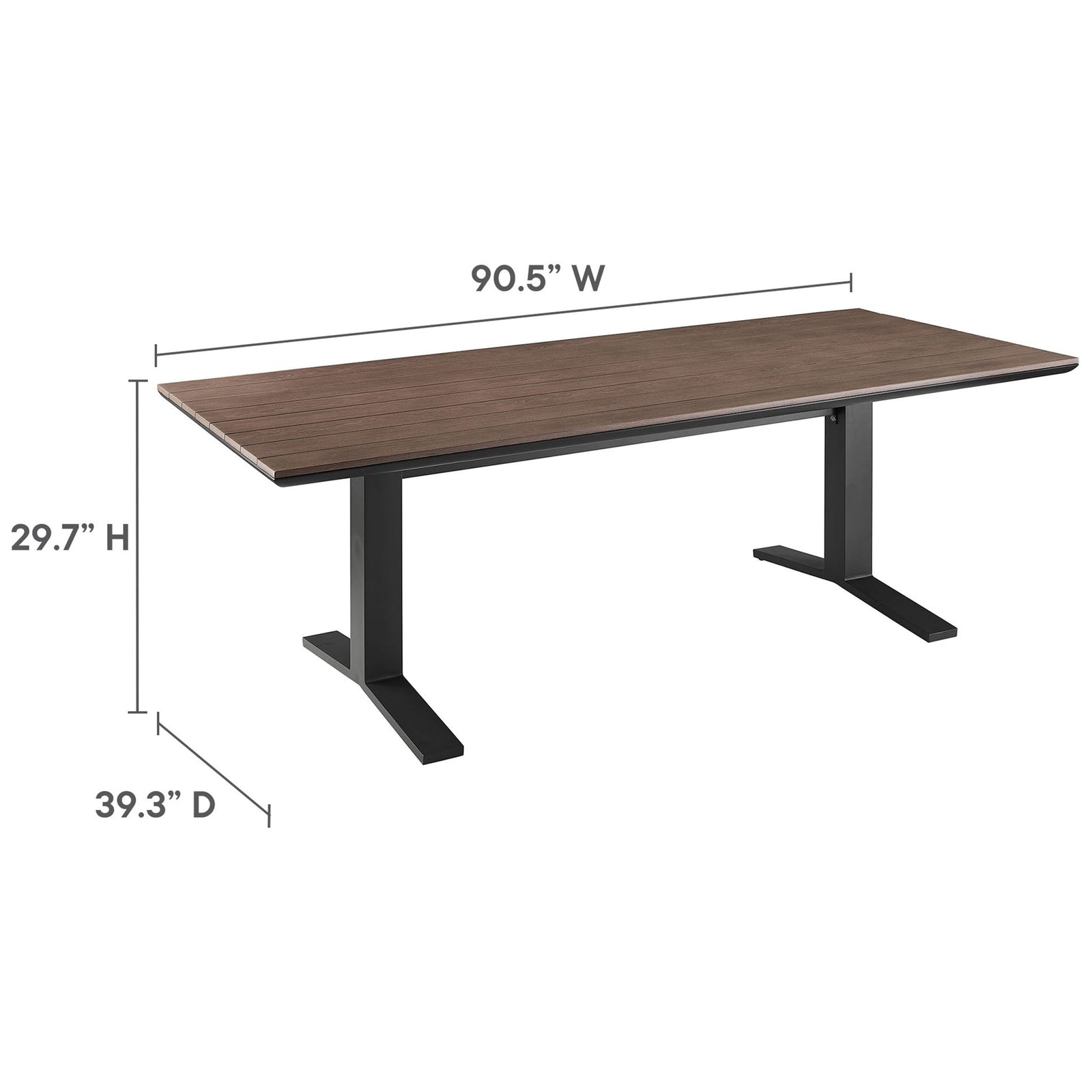 Measurements of the 91-inch outdoor dining table showing its overall width, depth, and dining height. || EEI-6948-GWA-GRY || dimension_studio