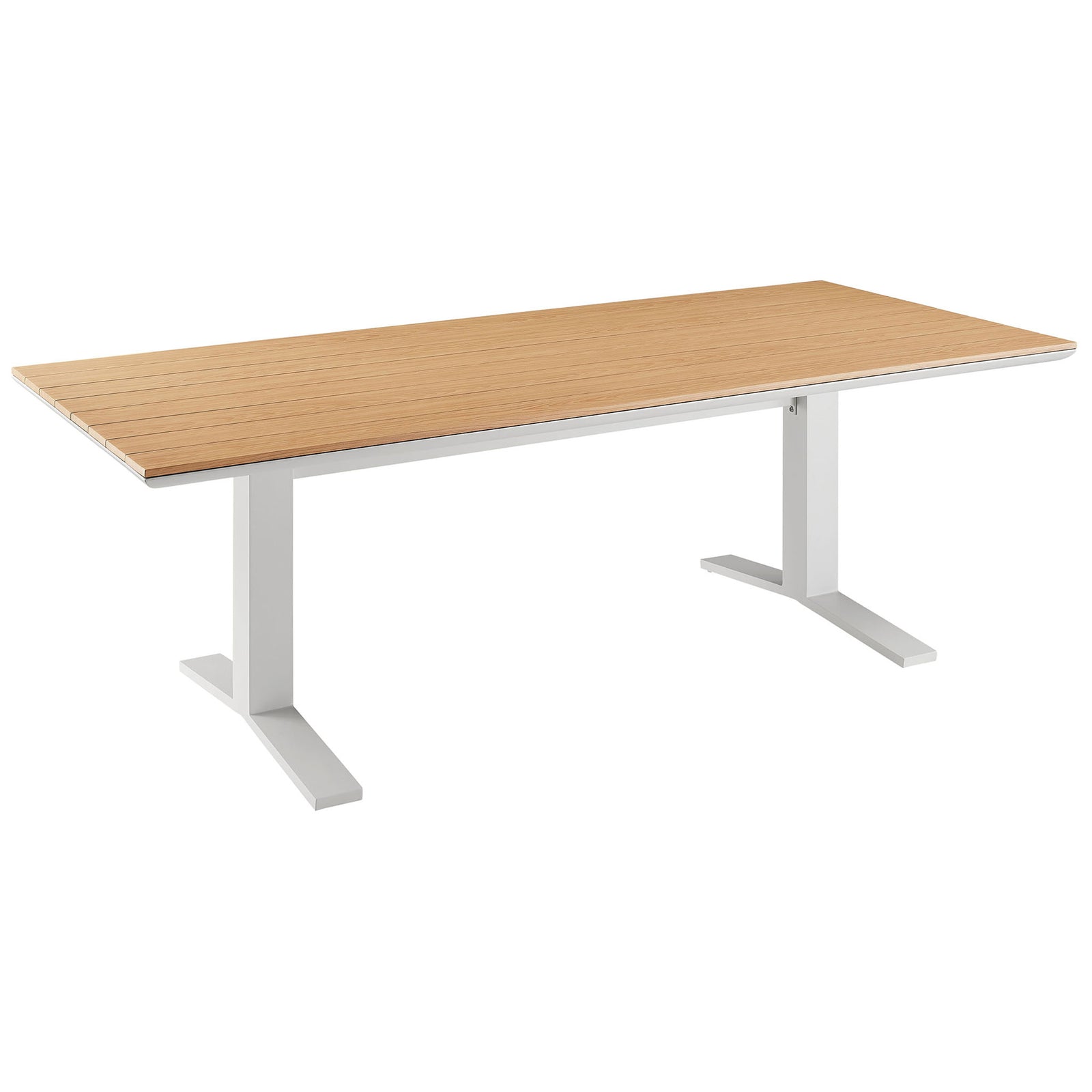 Spacious 91-inch natural wood-look outdoor dining table with crisp white aluminum base and slatted top. || EEI-6948-NAT-WHI || front_angle_studio