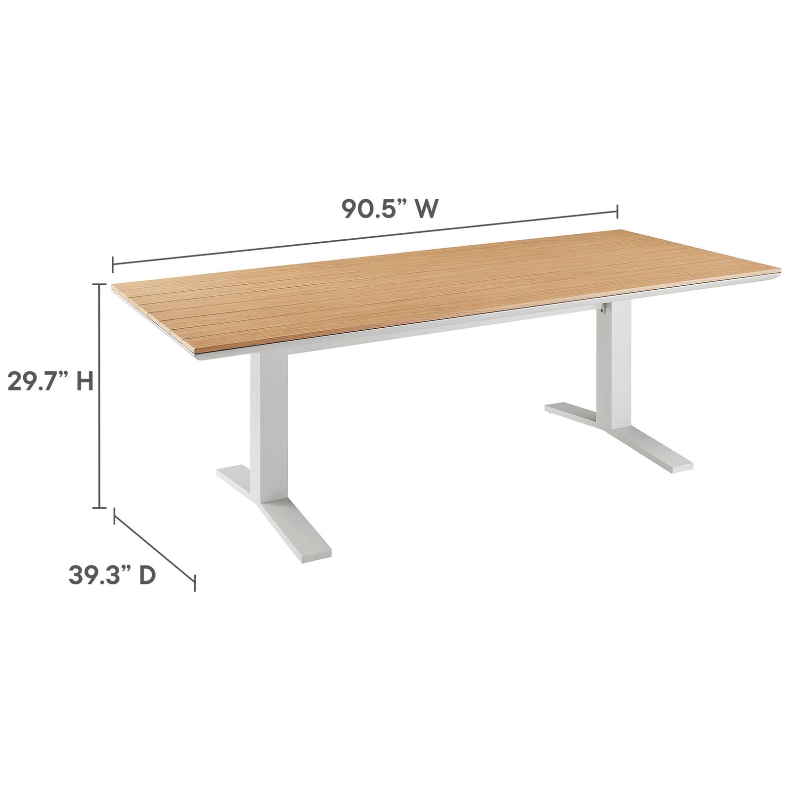 Dimension graphic of the 91-inch outdoor dining table labeling overall width, depth, and table height. || EEI-6948-NAT-WHI || dimension_studio