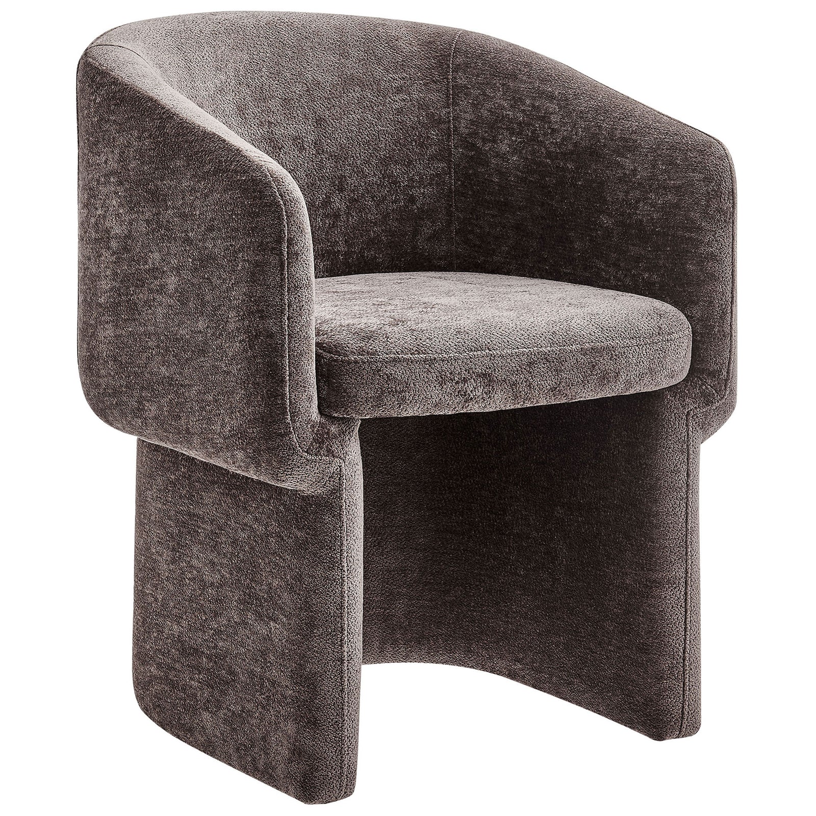 Chocolate brown chenille barrel dining armchair with plush seat and fully upholstered waterfall base. || EEI-6951-CHB || front_angle_studio