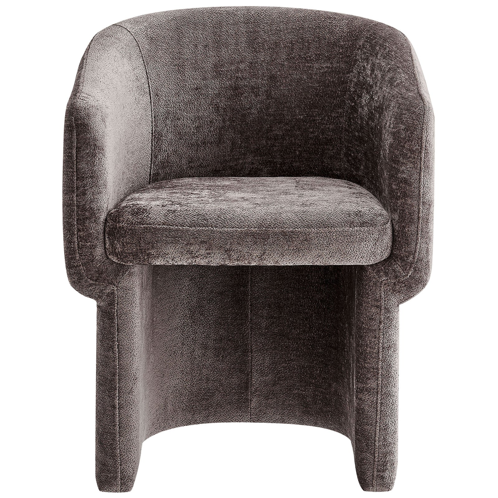 Barrel back chenille dining armchair in rich chocolate brown with padded seat and integrated arms. || EEI-6951-CHB || front_studio