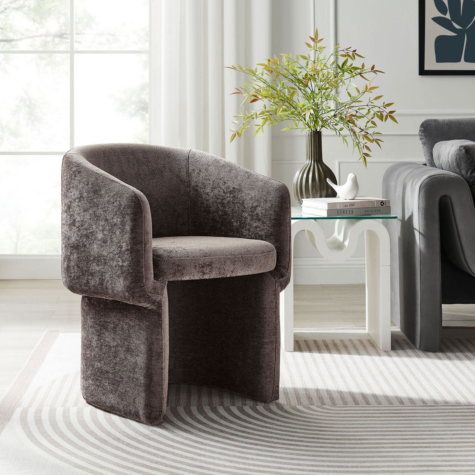 Chocolate brown chenille barrel armchair adds modern warmth and comfort to a bright living space. || EEI-6951-CHB || front_angle_room