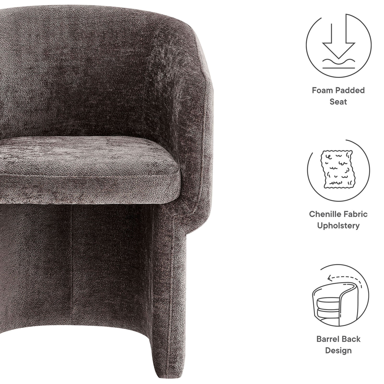 Features foam padded seat, chenille fabric upholstery, and a barrel back design for supportive dining comfort. || EEI-6951-CHB || callout_studio
