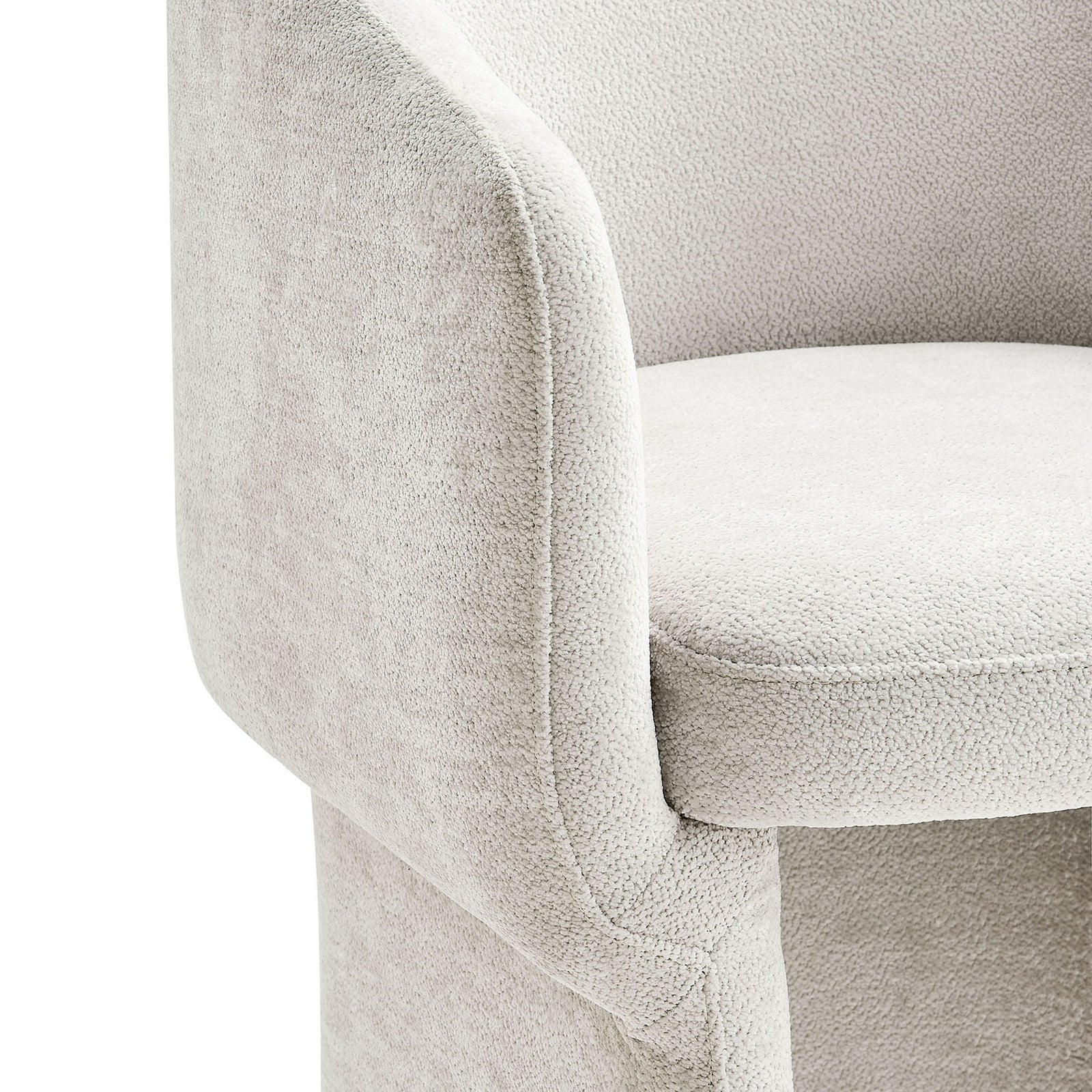 Soft textured chenille upholstery and rounded arm edge detail highlight the chairs cozy, tailored finish || EEI-6951-IVO || detail_studio