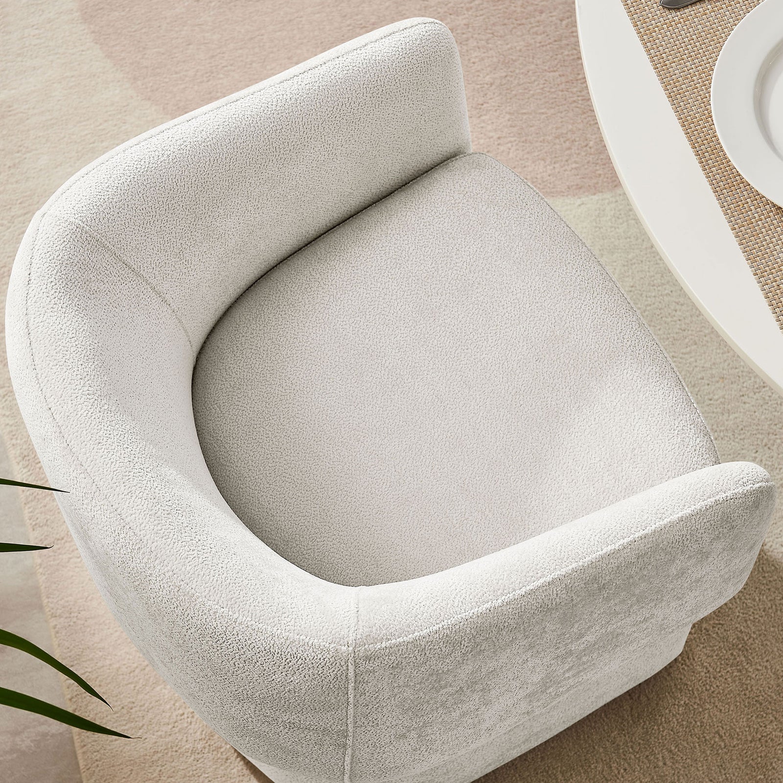 Ivory barrel armchair with wide cushioned seat and fully wrapped back that curves around for lounge-worthy comfort || EEI-6951-IVO || top_room