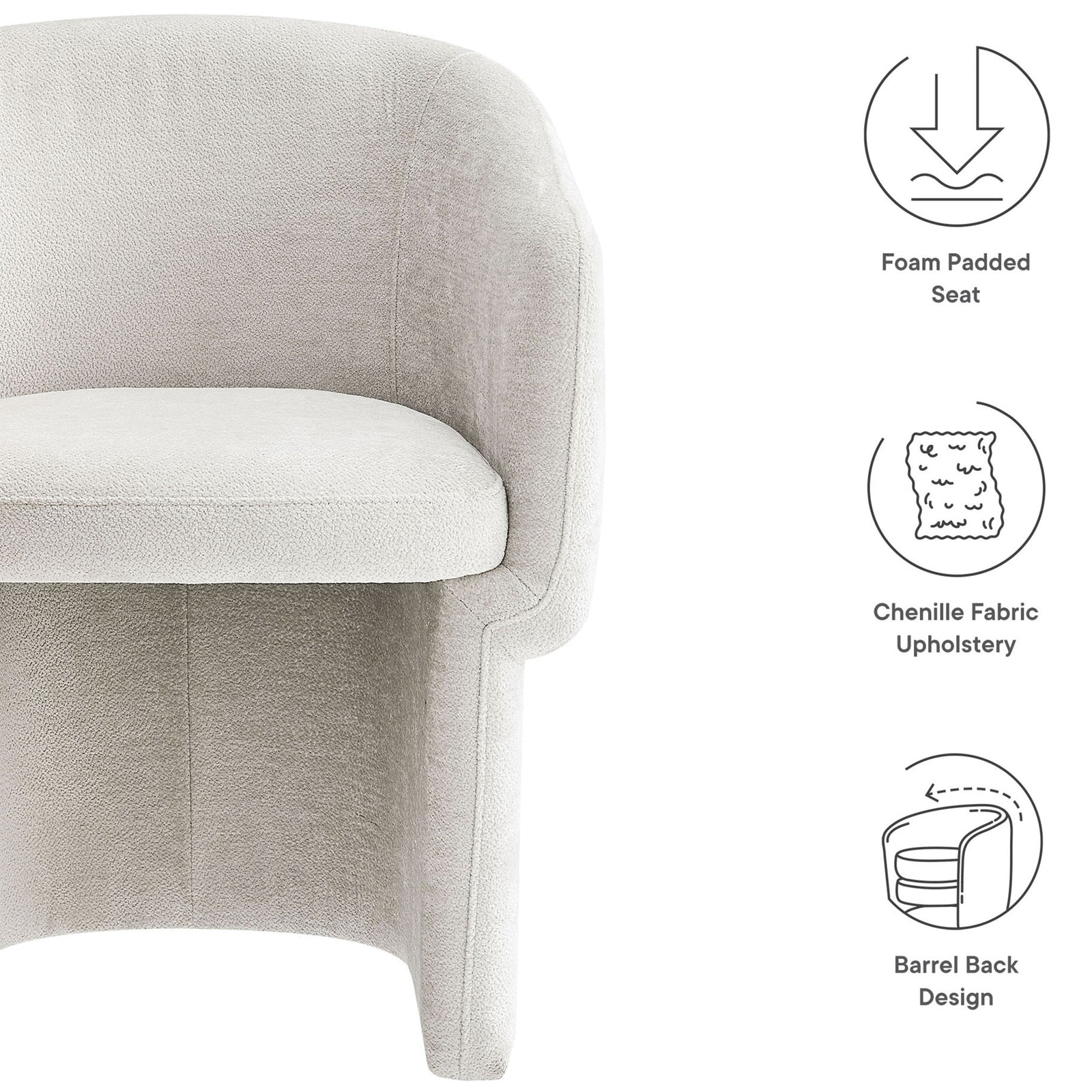 Ivory barrel back chair with visual callouts for foam padded seat, chenille upholstery, and supportive barrel design || EEI-6951-IVO || callout_studio