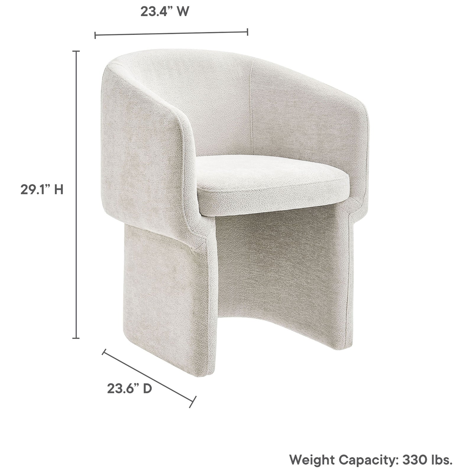 Ivory chenille barrel back dining armchair with labeled width, depth, height, and 330 pound weight capacity || EEI-6951-IVO || dimension_studio