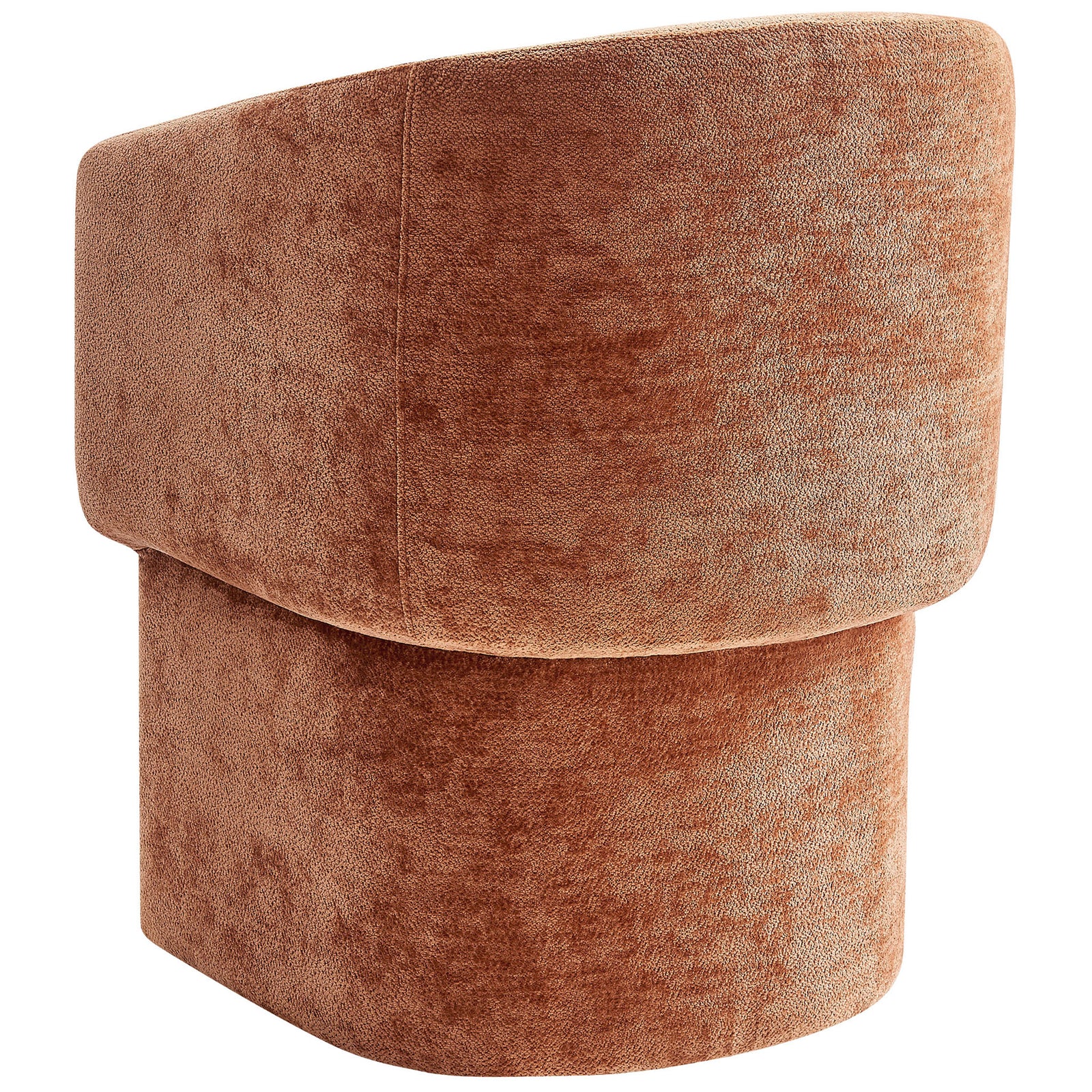 Modern rust chenille dining chair with a clean, fully upholstered barrel back and pedestal base || EEI-6951-RUS || back_studio