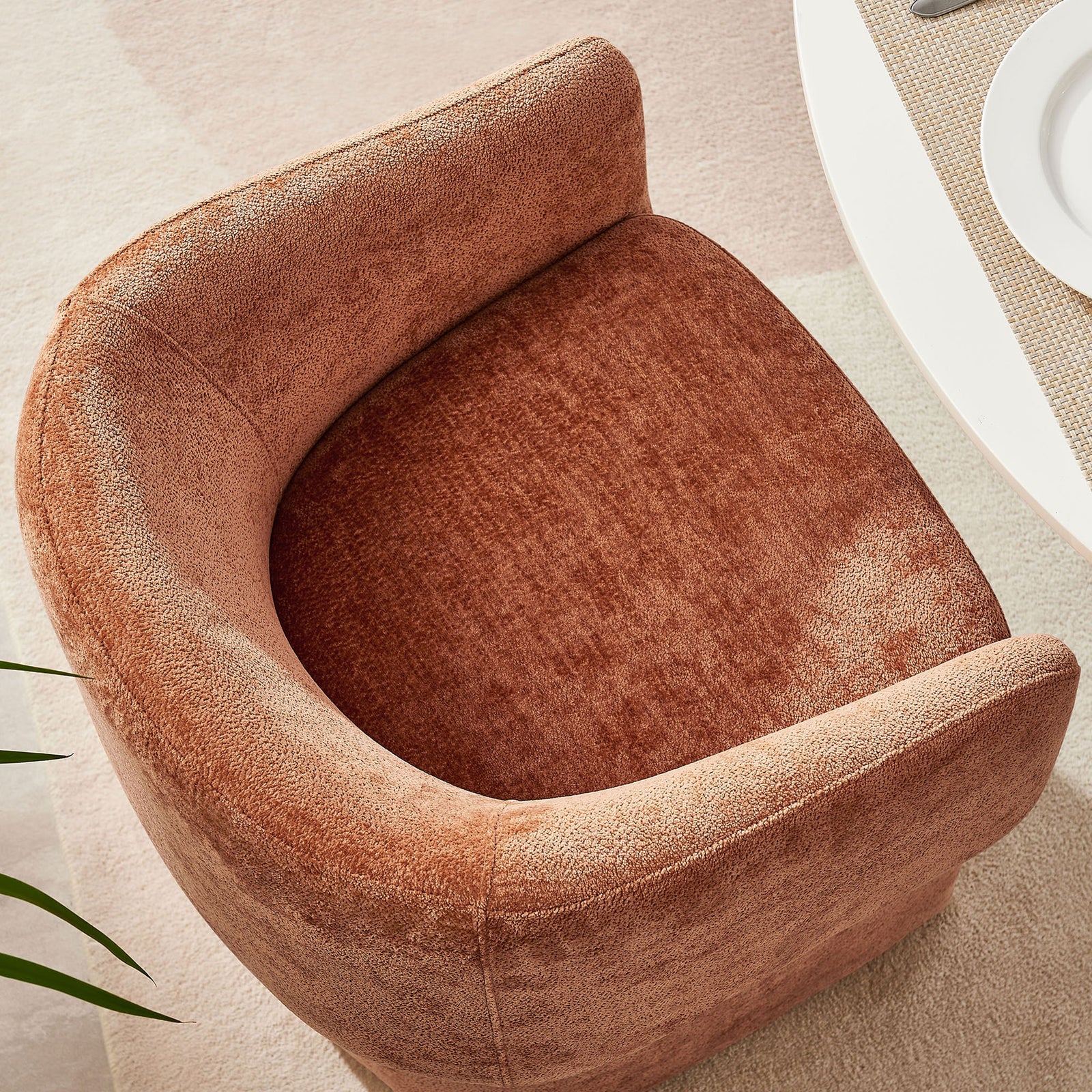 Verity barrel-back chair with wide cushioned seat framed by a smoothly curved rust chenille backrest || EEI-6951-RUS || top_room