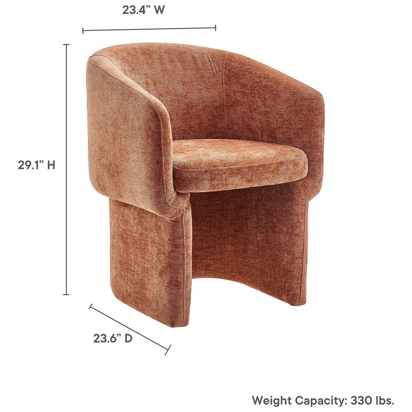 Dimension diagram of the Verity rust chenille dining armchair showing width, depth, height, and weight capacity || EEI-6951-RUS || dimension_studio