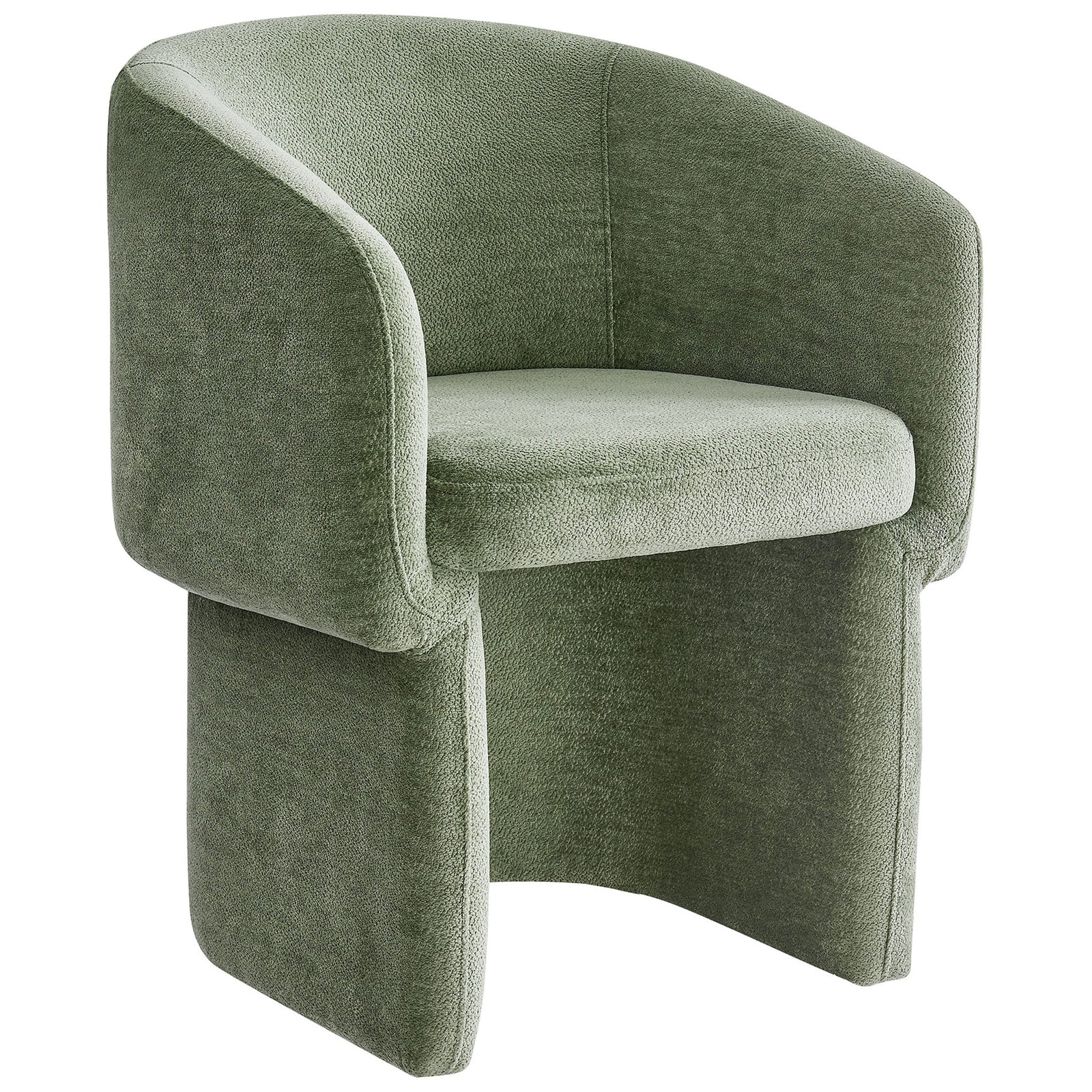 Sage green chenille barrel back dining armchair with sculptural split pedestal base || EEI-6951-SGE || front_angle_studio