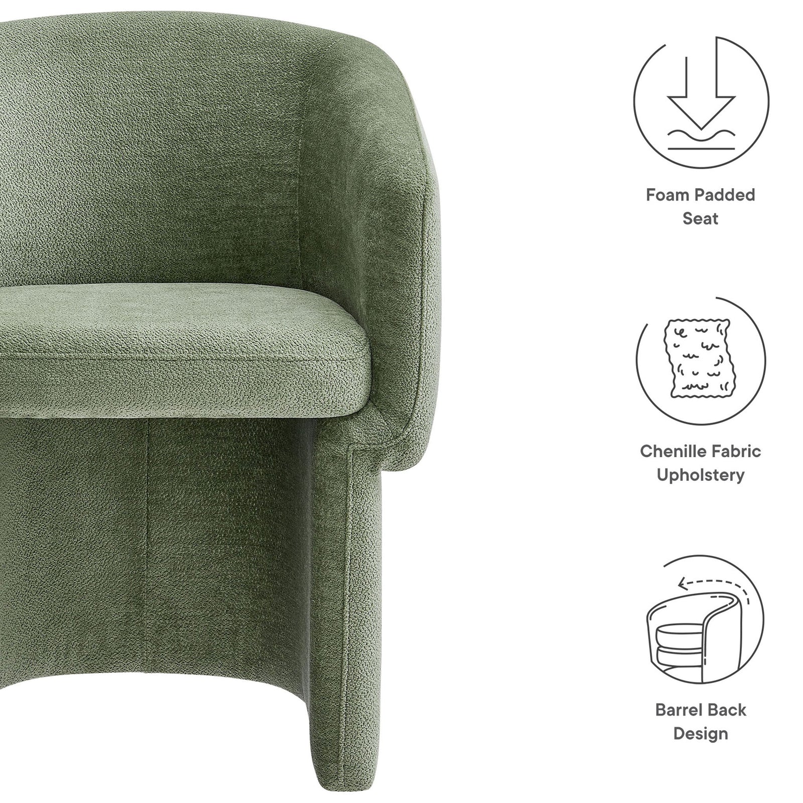 Key features of the Verity sage chenille armchair with icons for foam seat, chenille upholstery, and barrel back || EEI-6951-SGE || callout_studio