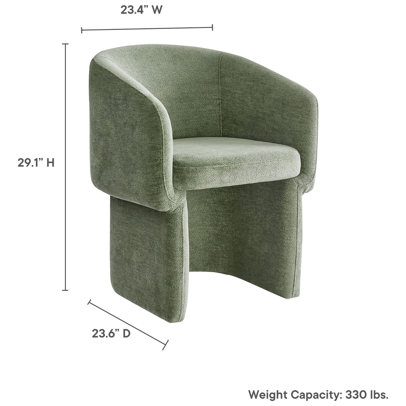 Dimension diagram of the Verity sage chenille armchair showing overall width, depth, height, and weight capacity || EEI-6951-SGE || dimension_studio