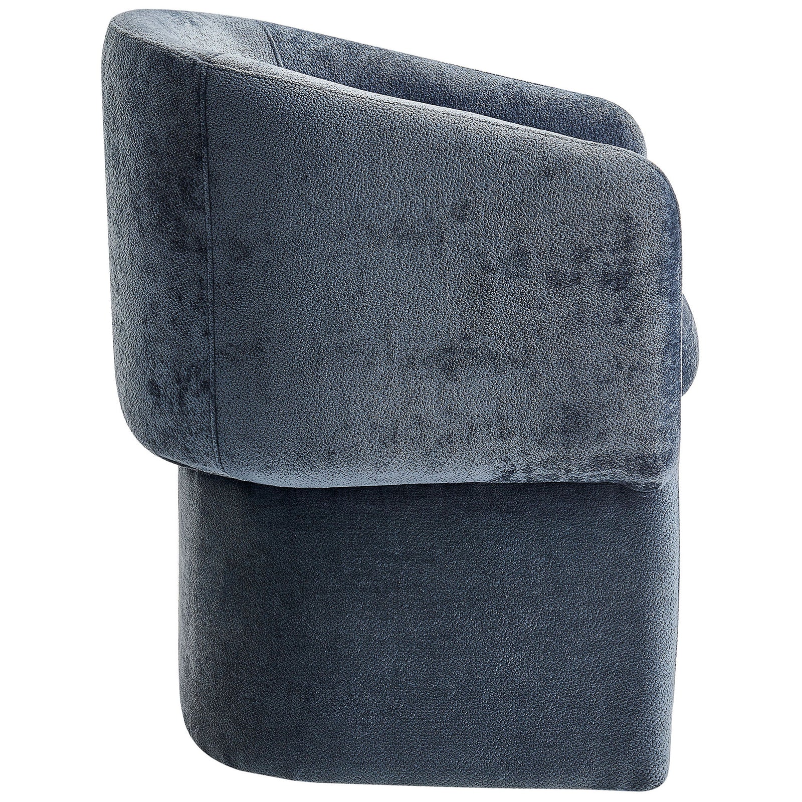 Sleek side silhouette of slate blue barrel armchair with thick seat cushion and smooth chenille upholstery || EEI-6951-SLA || side_studio