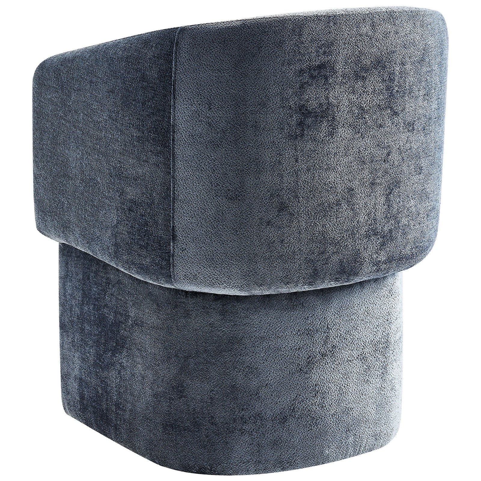 Rear silhouette of slate blue barrel dining chair with fully upholstered back and pedestal base || EEI-6951-SLA || back_angle_studio